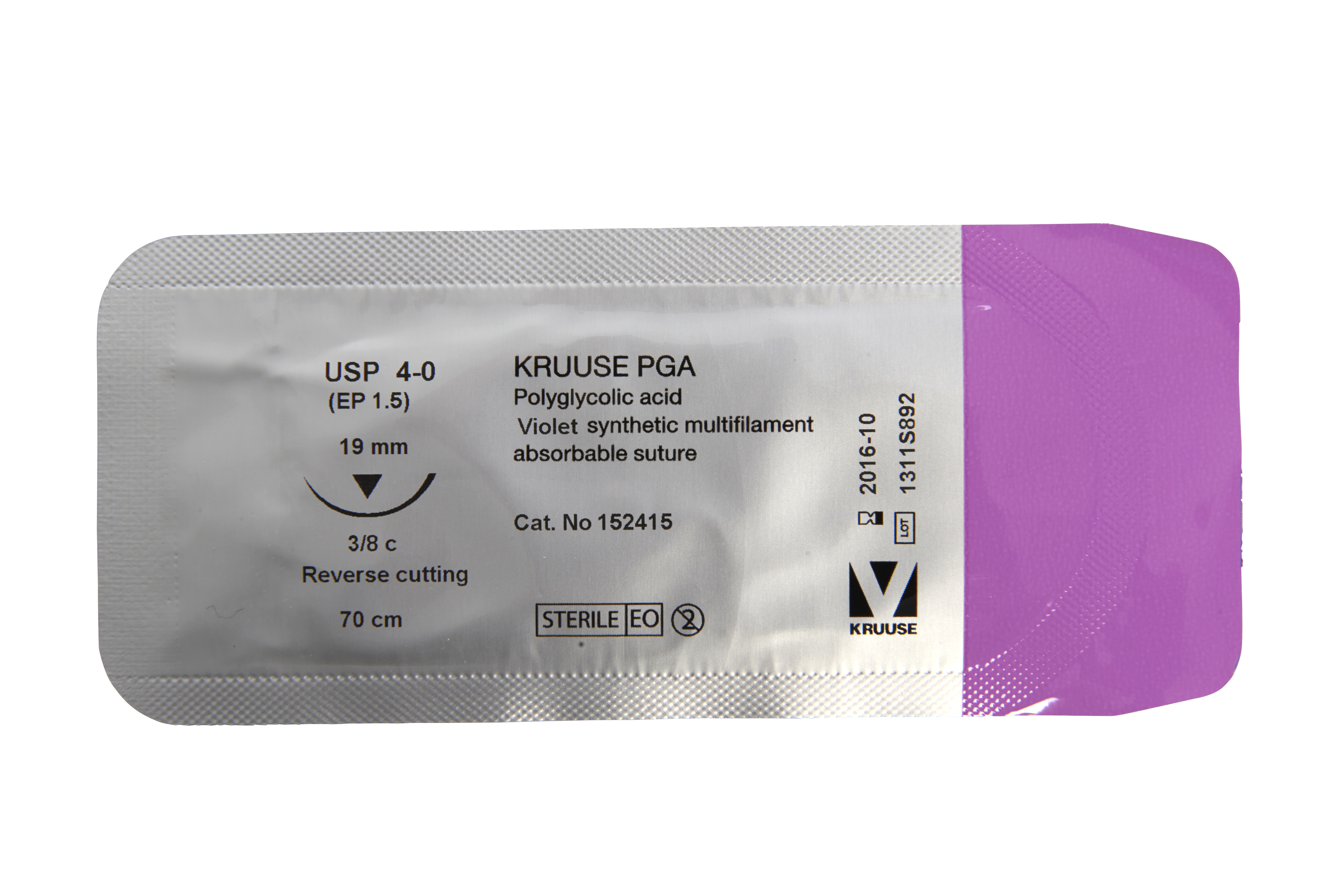 KRUUSE PGA Suture, USP 4-0, 70 cm, 19 mm, 3/8 C, reverse cutting, 18/pk