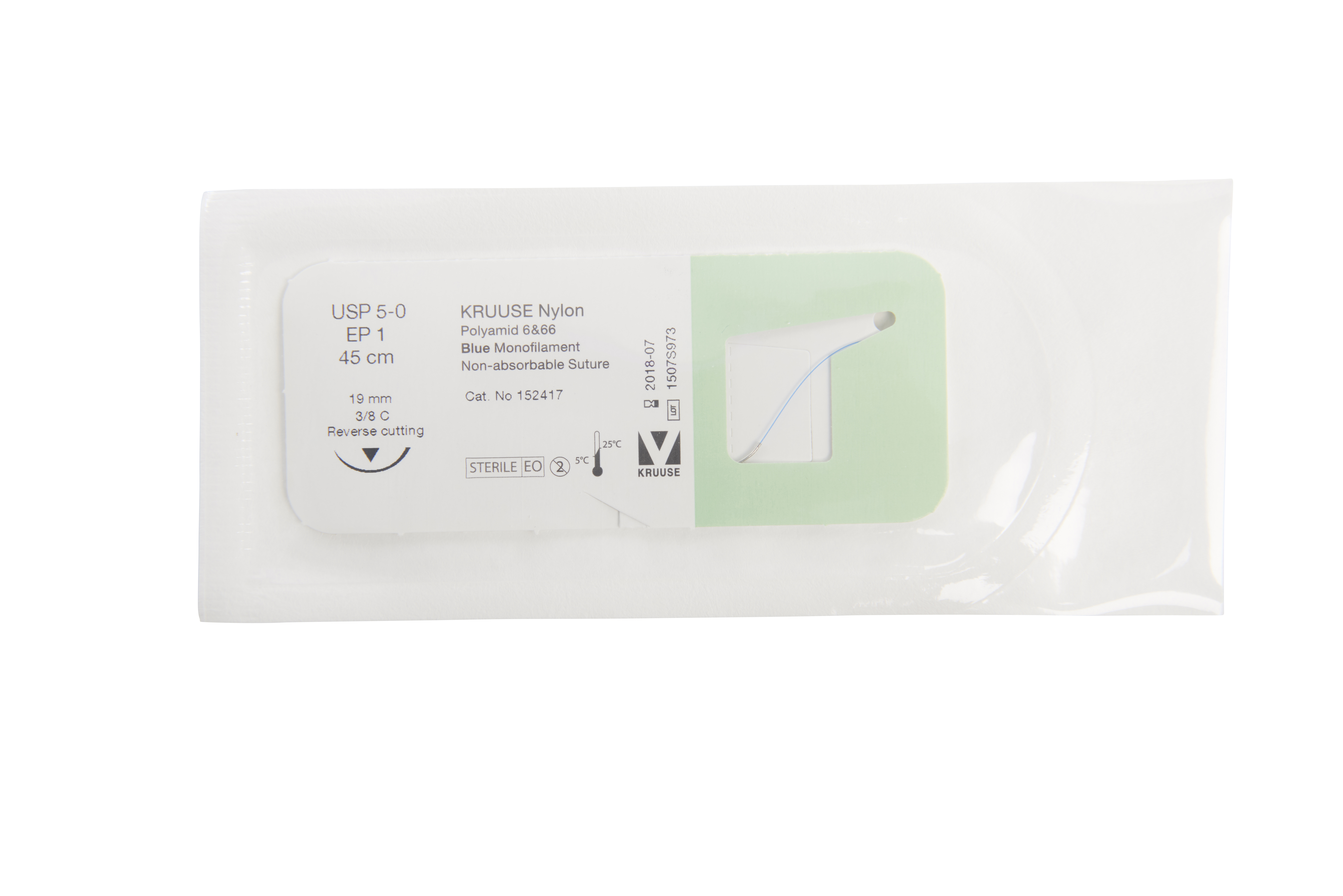 KRUUSE Nylon Suture, USP 5-0, 45 cm, blue, 19 mm needle, 3/8 C, RC, 18/pk
