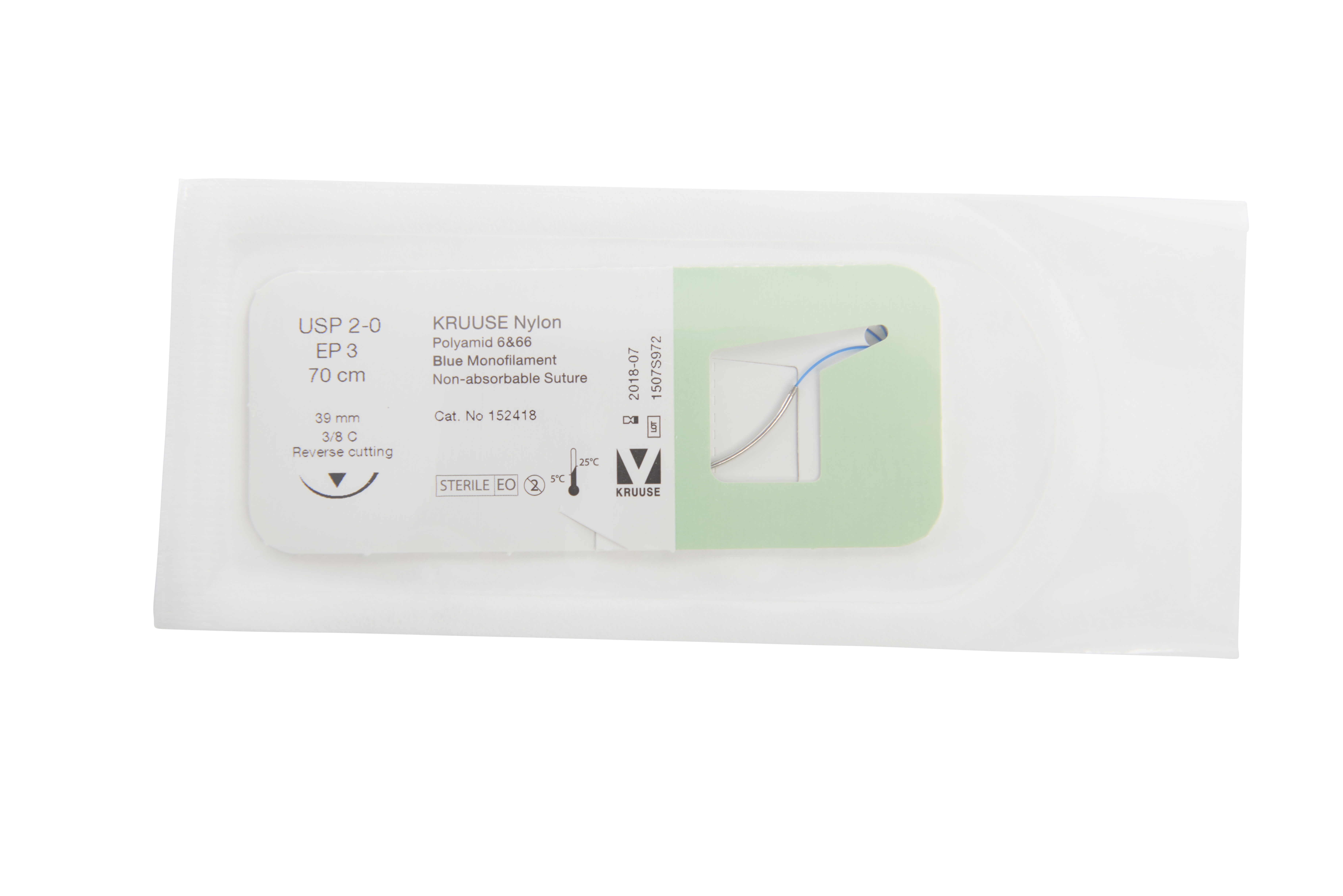 KRUUSE Nylon Suture, USP 2-0, 70 cm, 39 mm needle, 3/8 C, RC, 18/pk