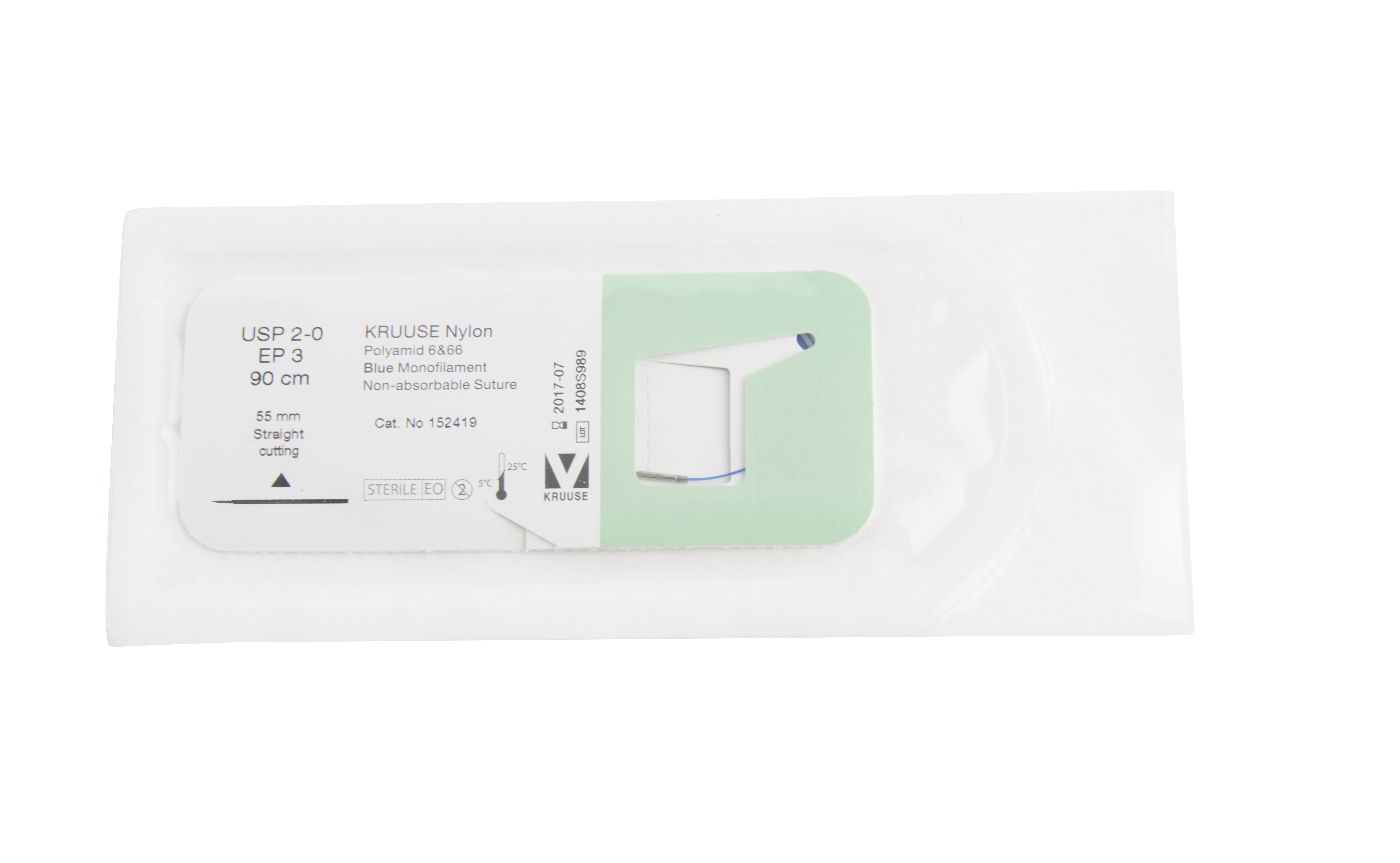 KRUUSE Nylon Suture, USP 2-0, 90 cm, 55 mm straight cutting needle, 18/pk