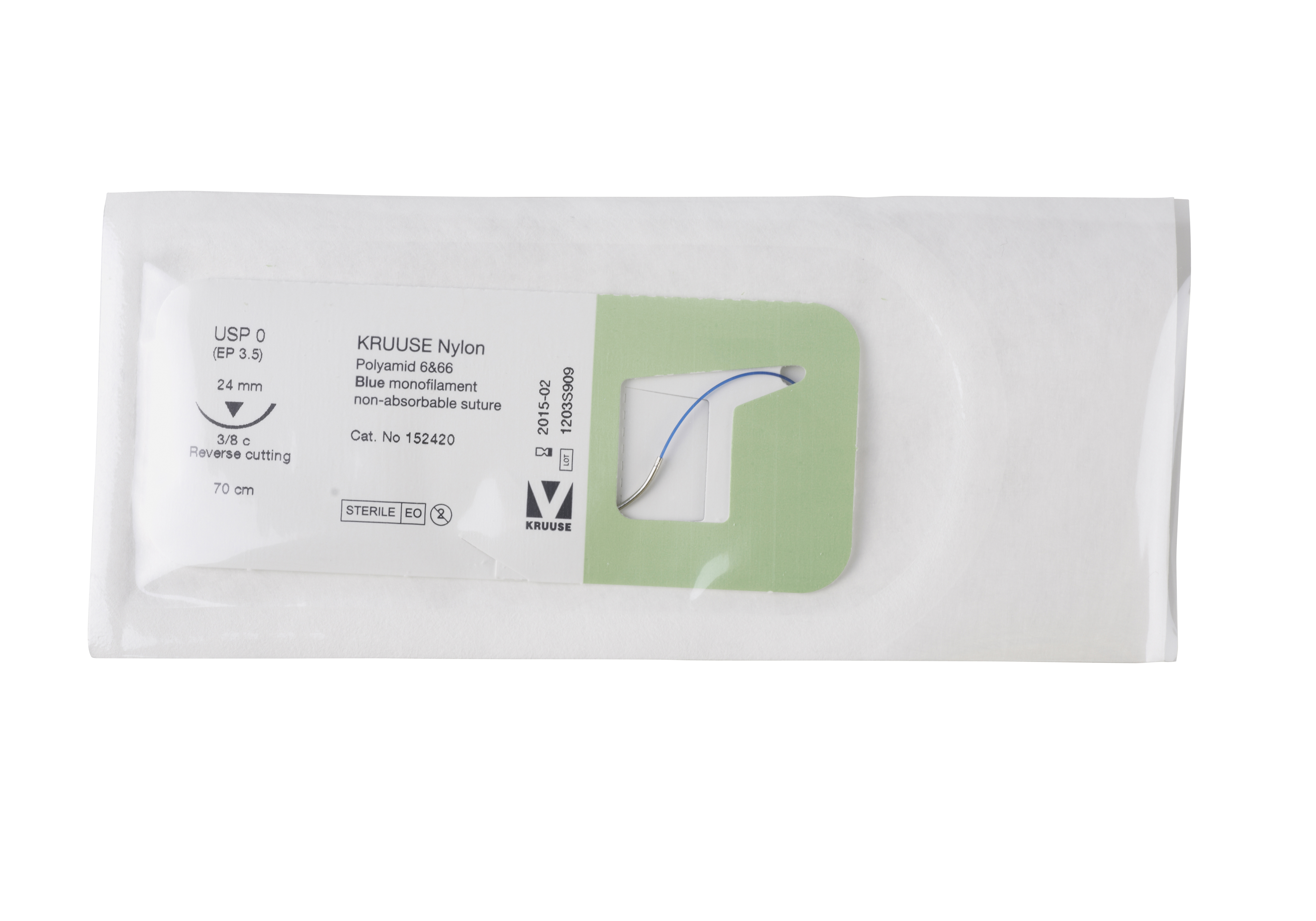 KRUUSE Nylon suture, USP 0, 70 cm, needle: 24 mm, reverse cutting, 3/8 circle. 18/pk
