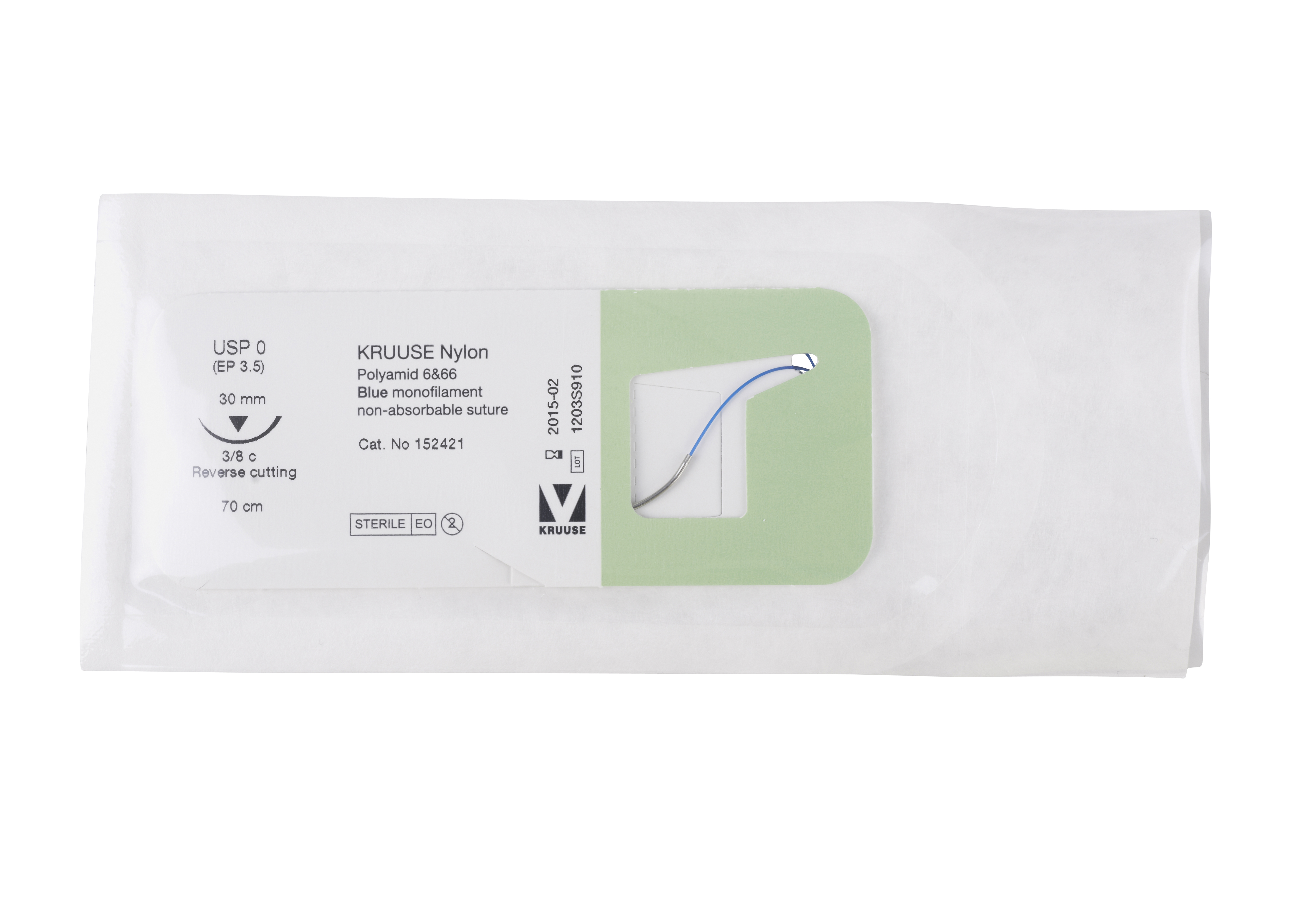 KRUUSE Nylon Suture, USP 0, 70 cm, needle: 30 mm, reverse cutting, 3/8 circle, 18/pk
