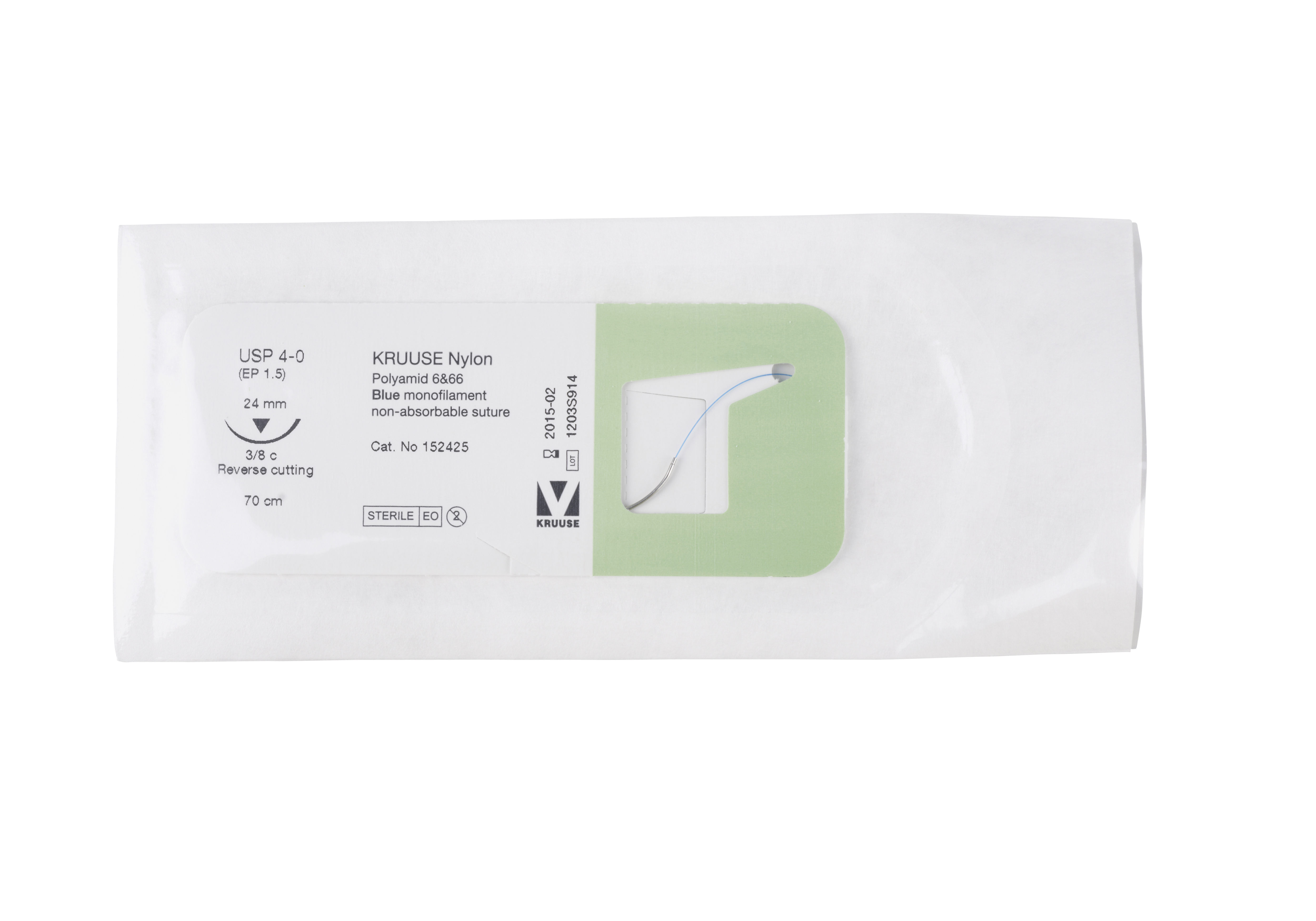 KRUUSE Nylon Suture, USP 4-0, 70 cm, needle: 24 mm, 3/8 circle, reverse cutting, 18/pk