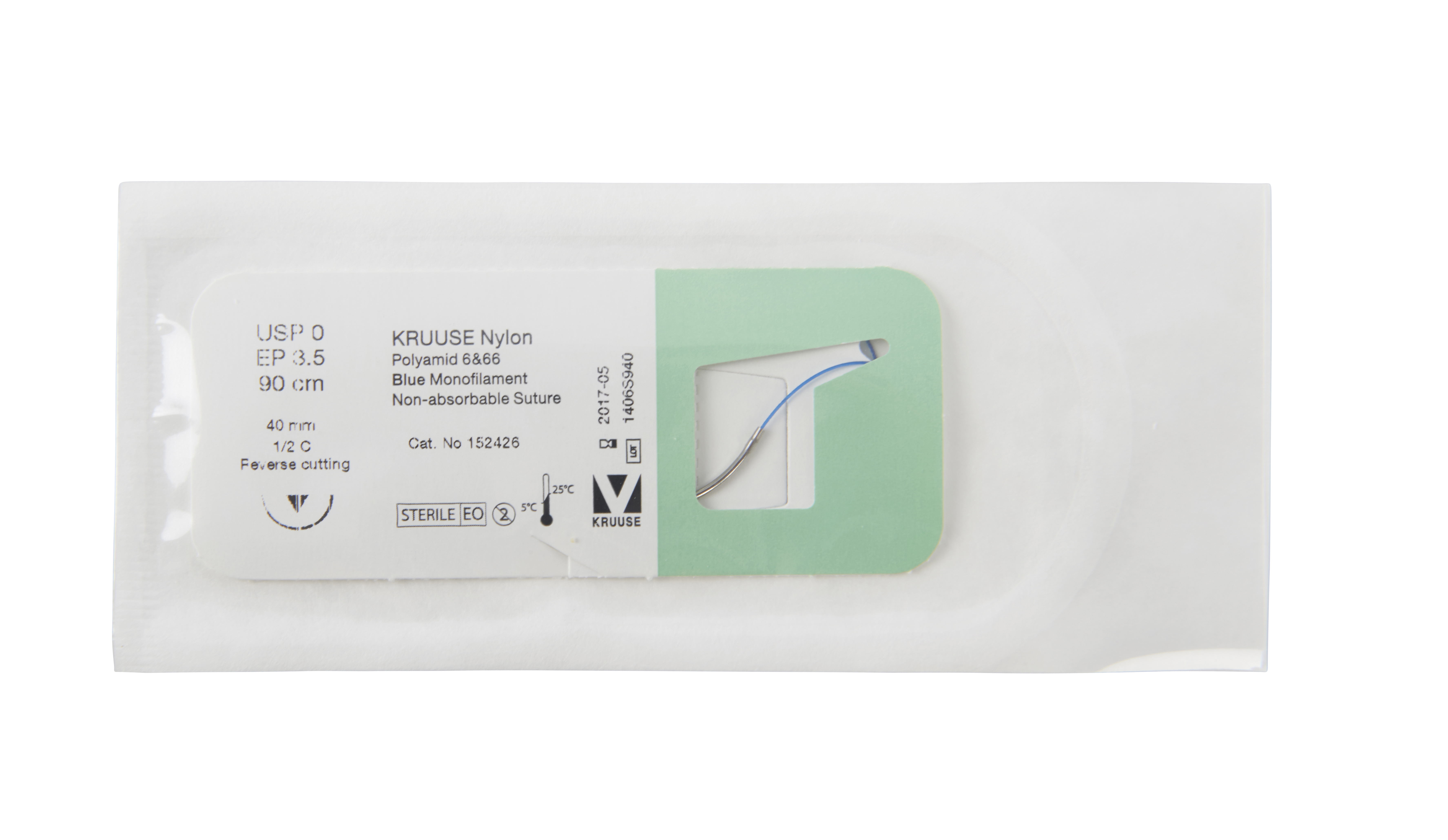 KRUUSE Nylon Suture, USP 0, 90 cm, 40 mm, ½ C, RC needle, 18/pk