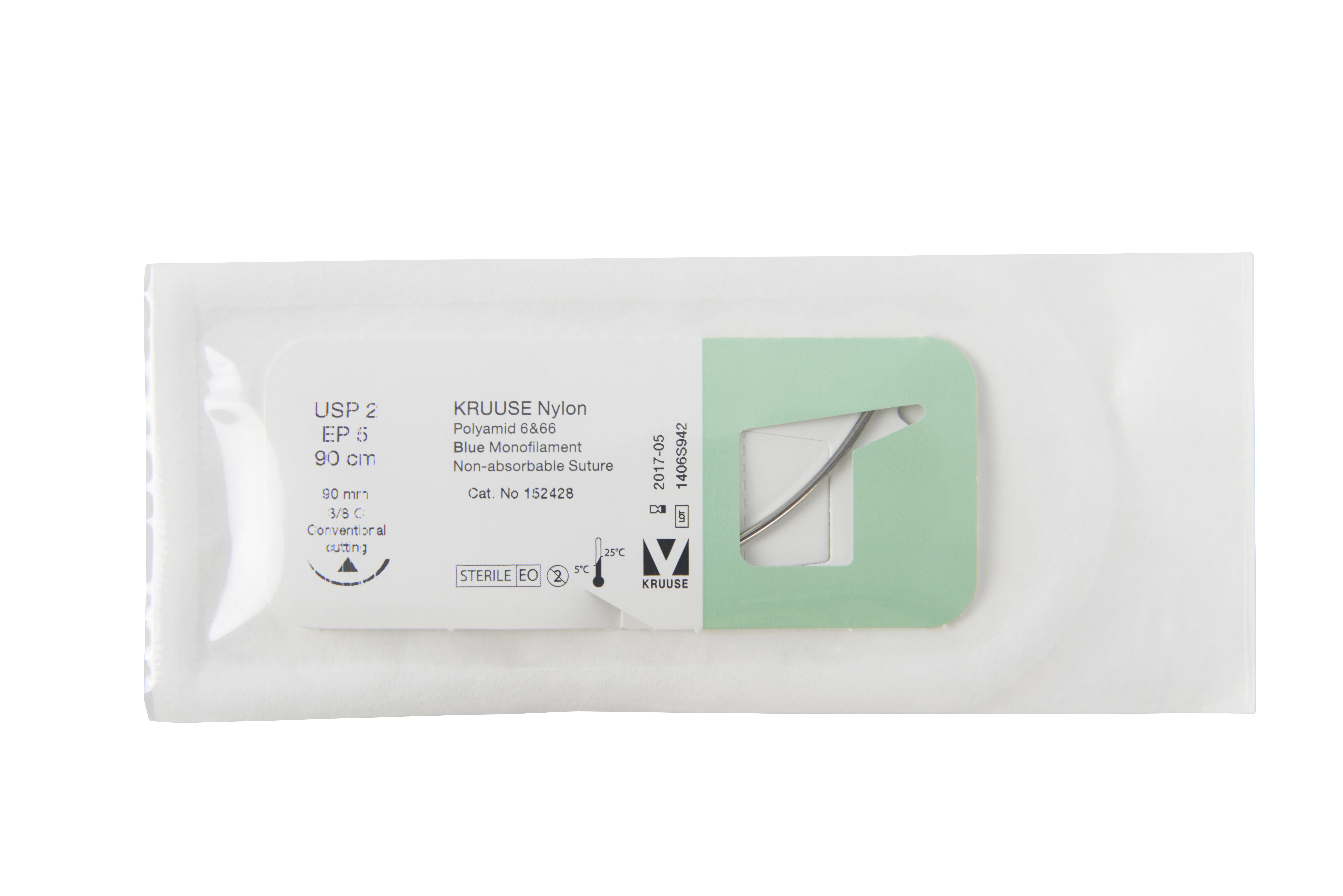 KRUUSE Nylon Suture, USP 2, 90 cm, 90 mm, 3/8C, conv. cutting needle, 18/pk