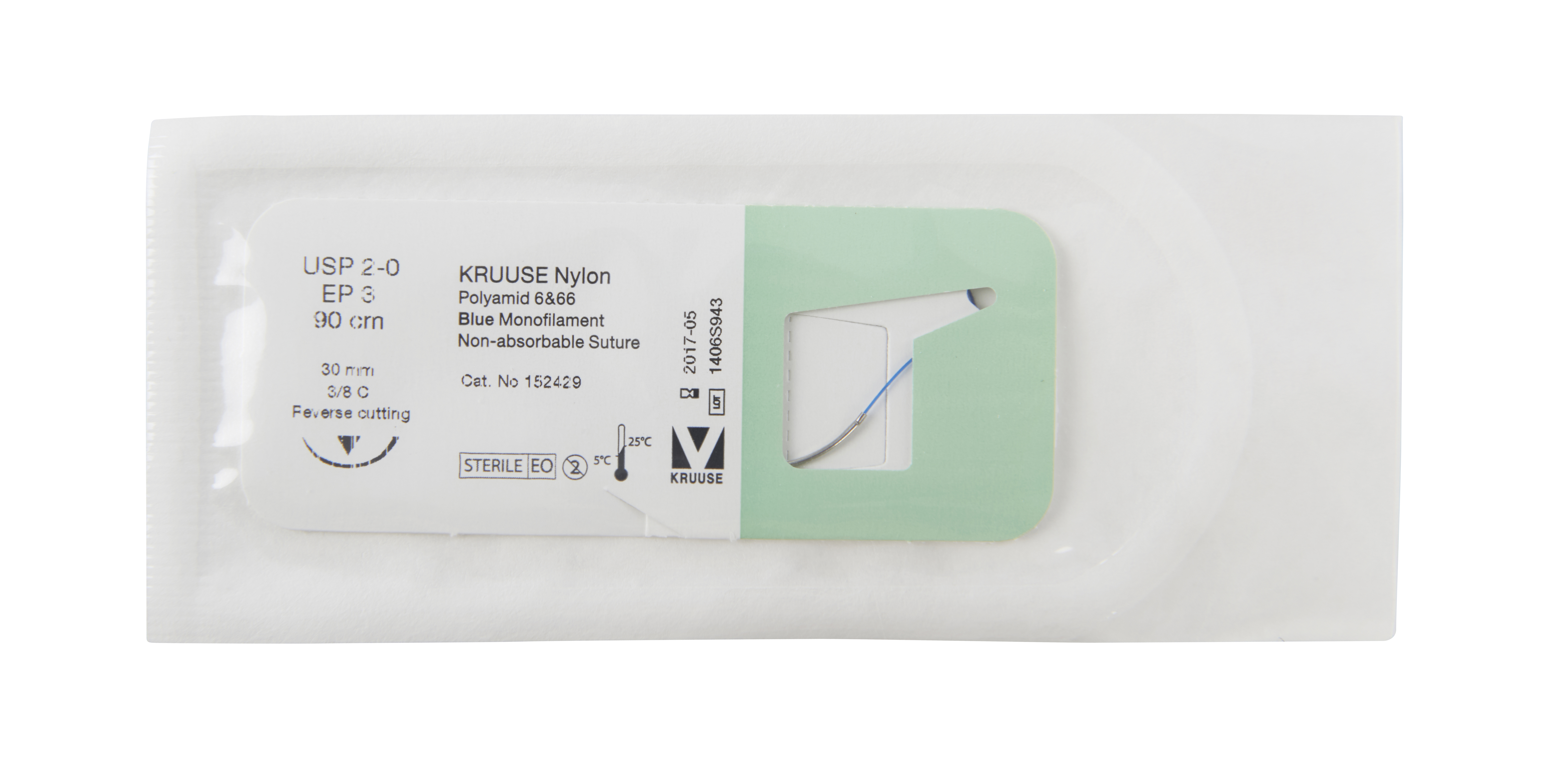 KRUUSE Nylon Suture, USP 2-0, 90 cm, 30 mm, 3/8 C, RC needle, 18/pk