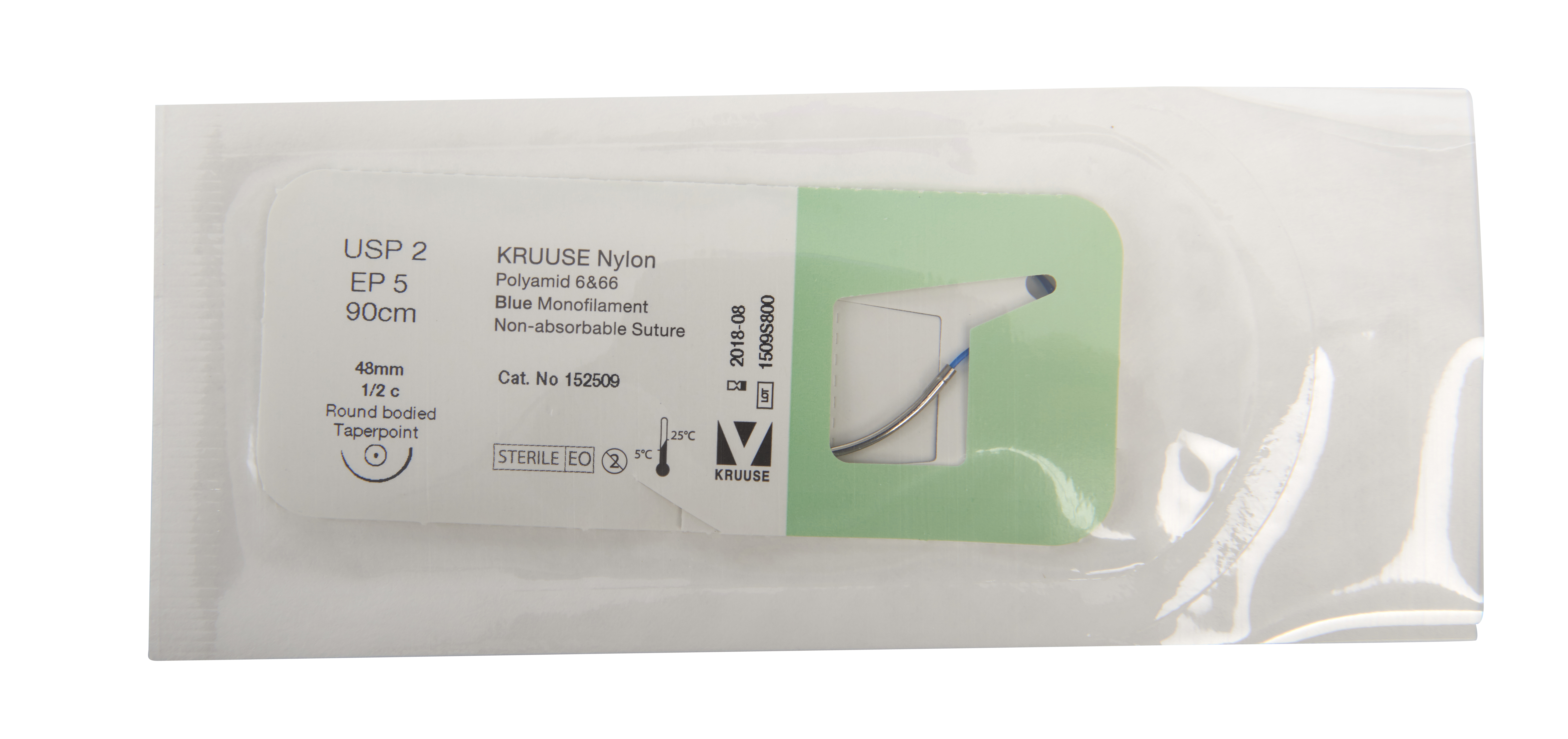 KRUUSE Nylon Suture, USP 2, 90 cm, 48 mm needle, ½ C, round bodied, 18/pk