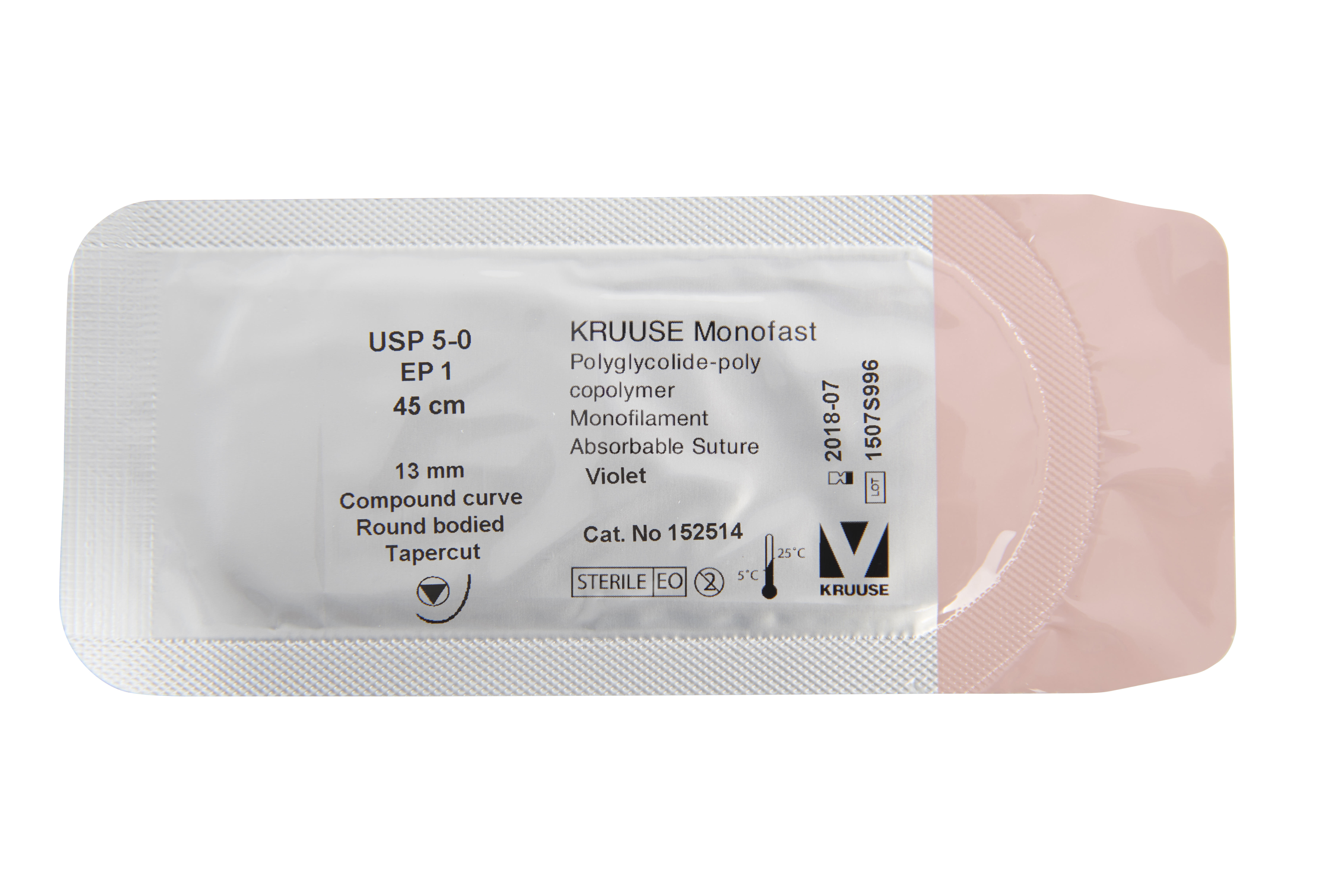 KRUUSE Monofast Suture, USP 5-0, 45 cm, violet, 13 mm needle, compound curve, RB tapercut, 18/pk