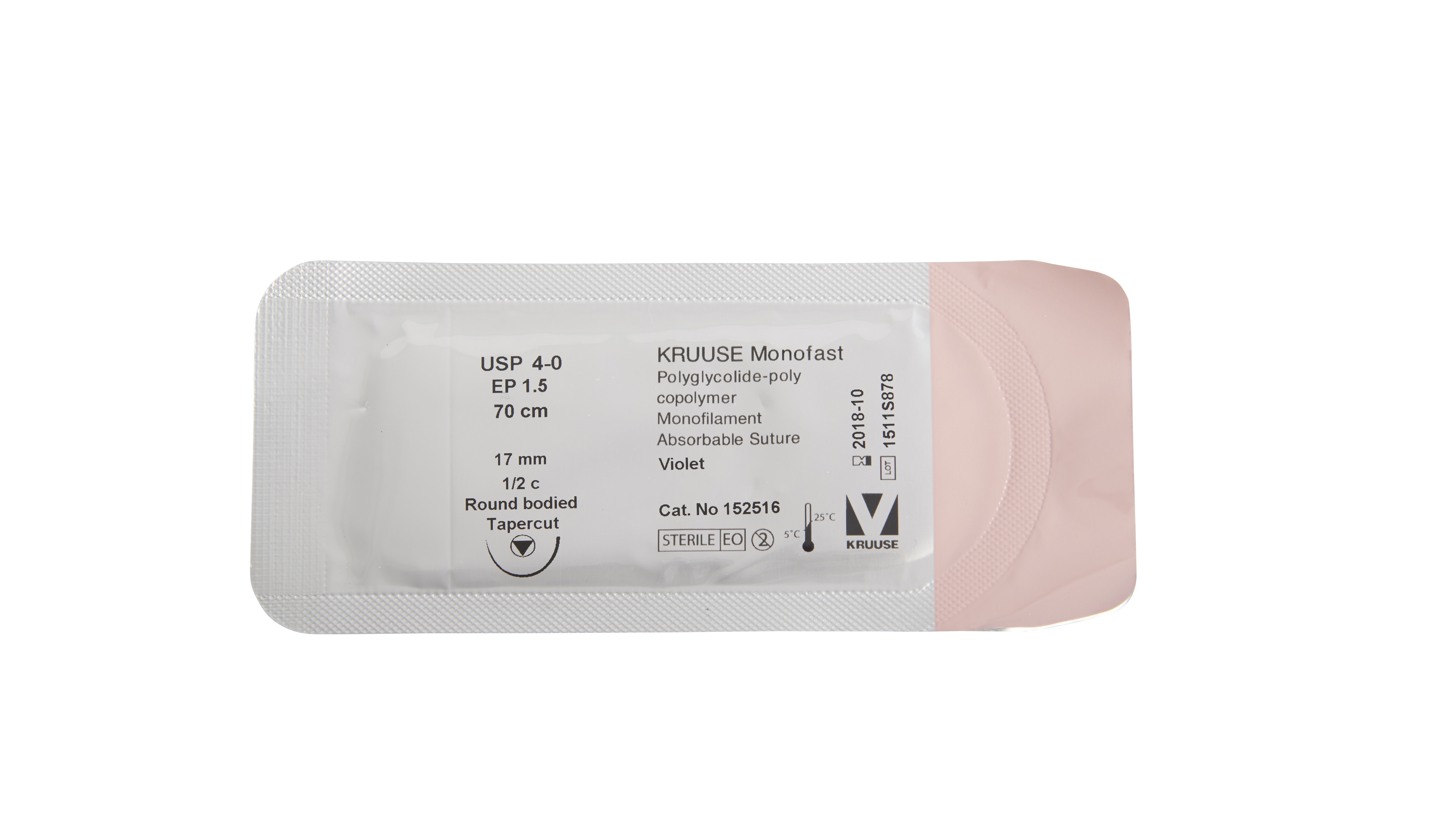 KRUUSE Monofast Suture, USP 4-0, 70 cm, violet, 17 mm needle, ½ C, RB, tapercut, 18/pk