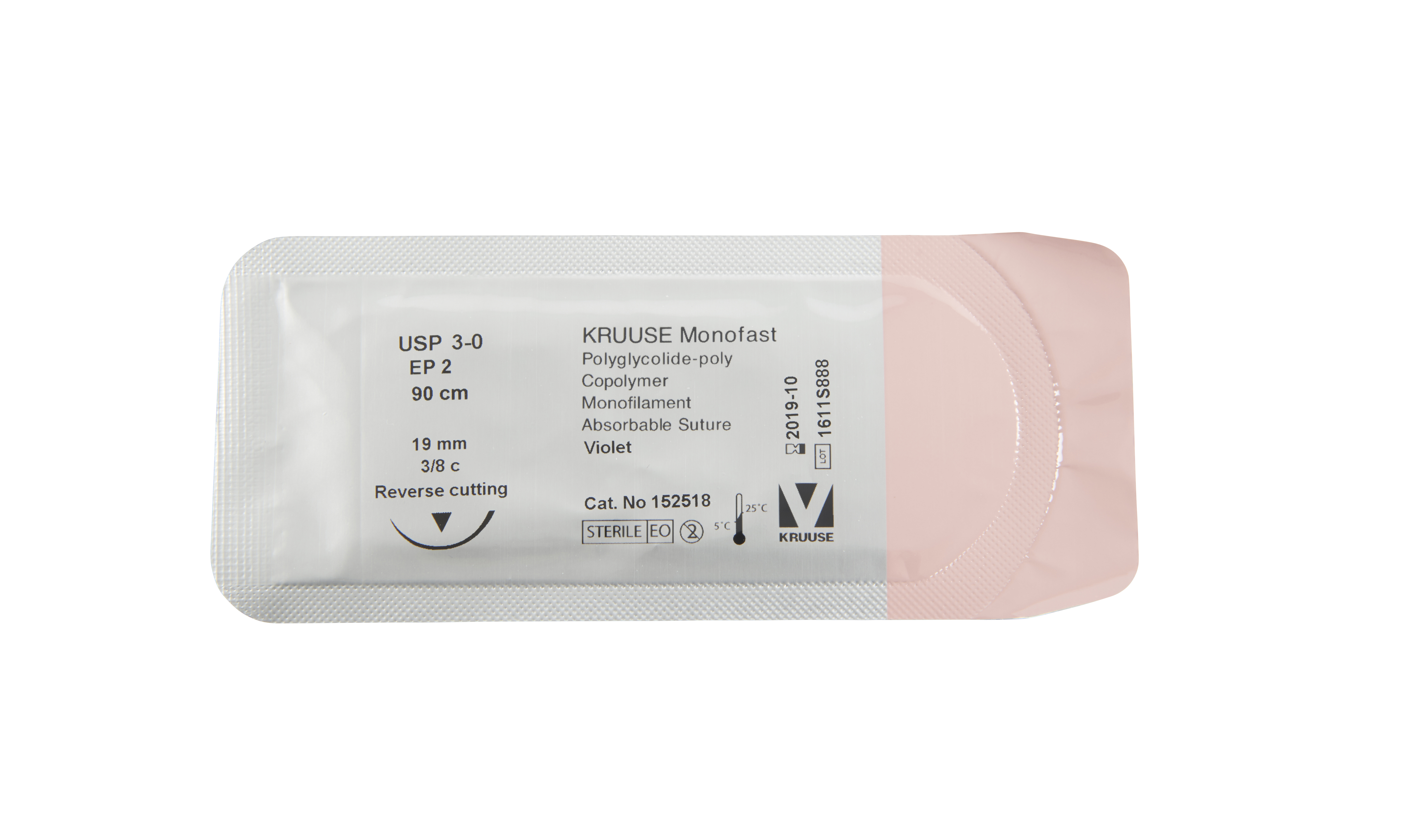 KRUUSE Monofast Suture, USP 3-0/EP 2, 90 cm, violet. needle: 19 mm, 3/8 C, reverse cutting, 18/pk