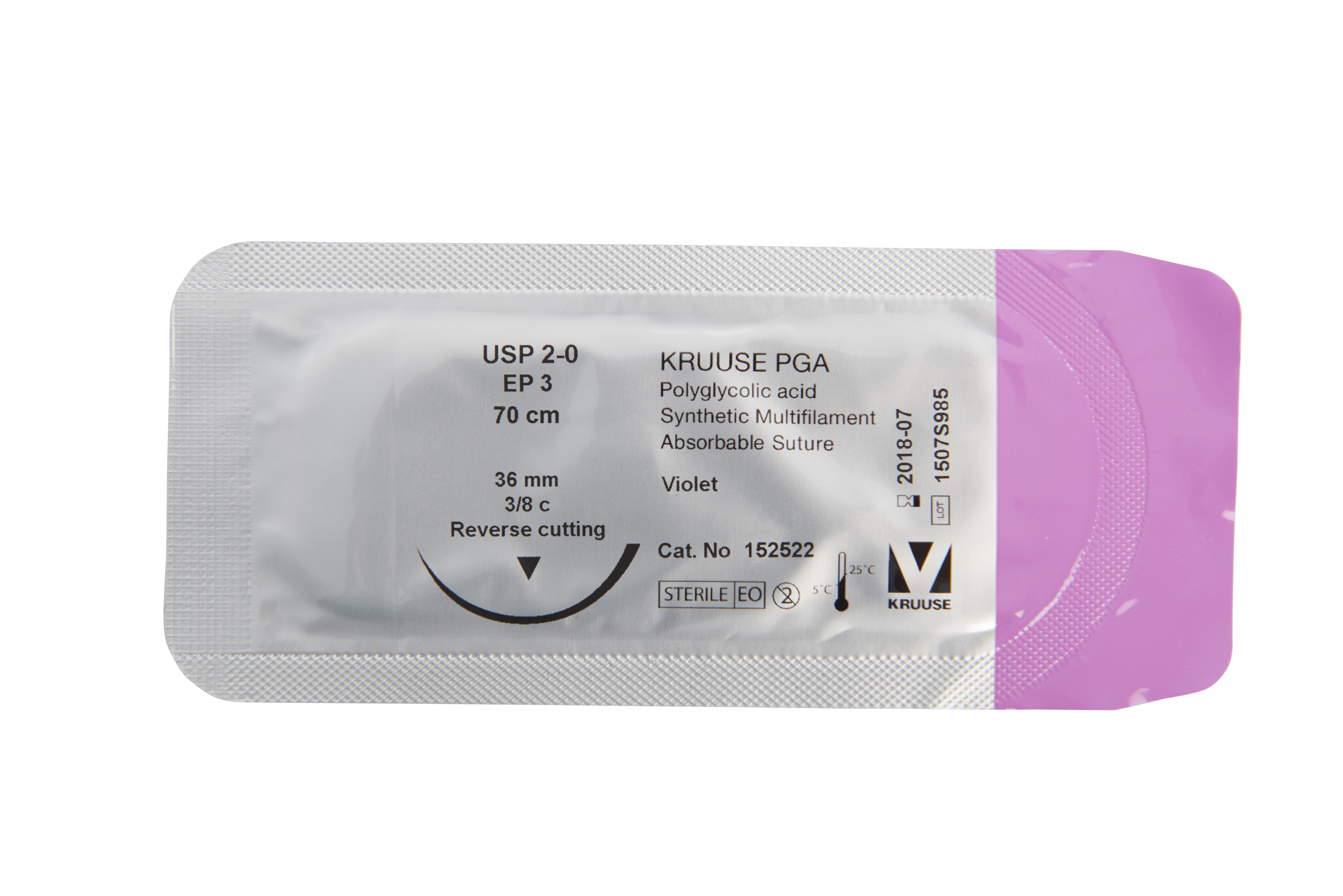 KRUUSE PGA Suture, USP 2-0, 70 cm, 36 mm needle, 3/8 C, RC, 18/pk
