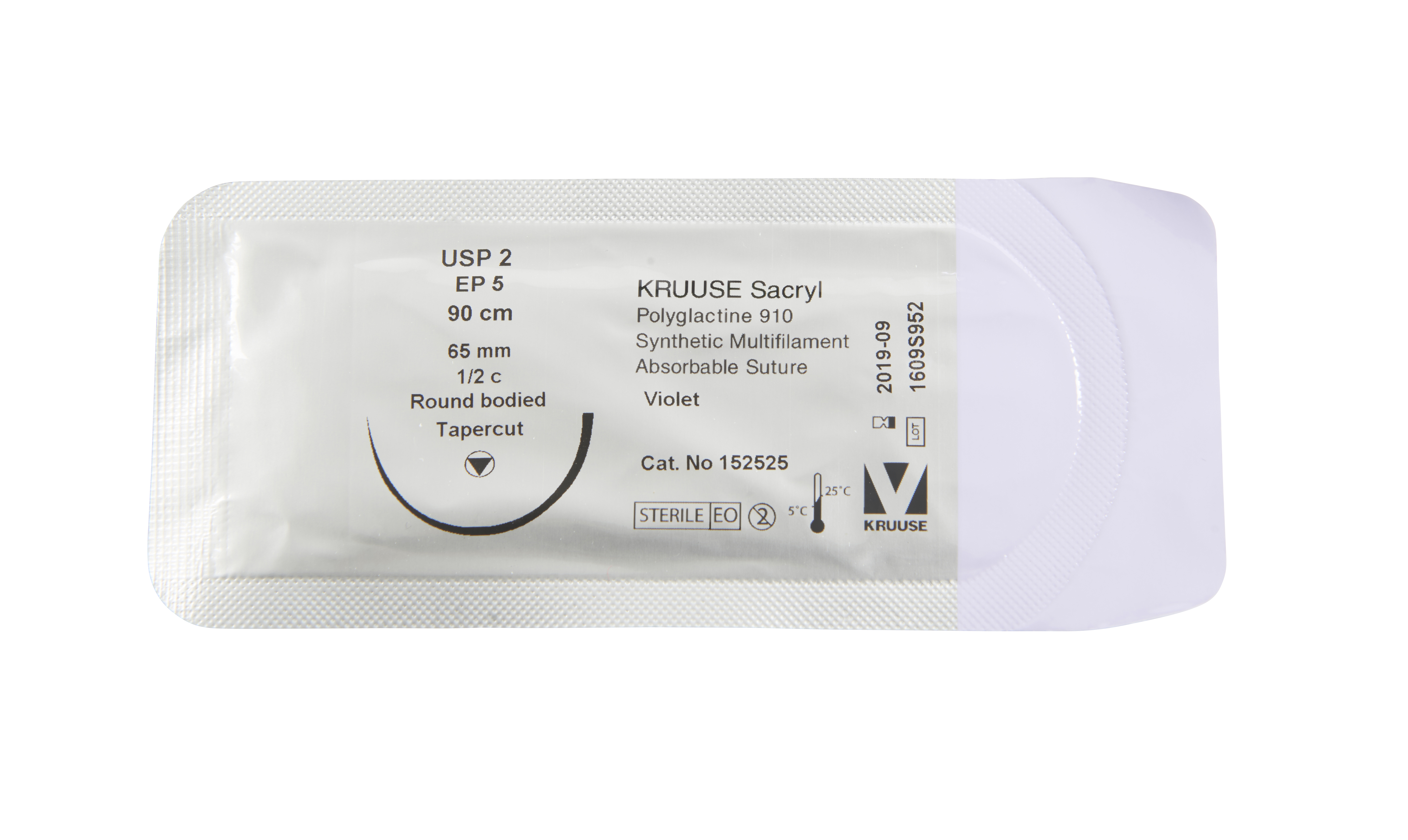 KRUUSE Sacryl Suture, USP 2/EP 5, 90 cm. needle:  65 mm, ½ C, RB, tapercut, 18/pk