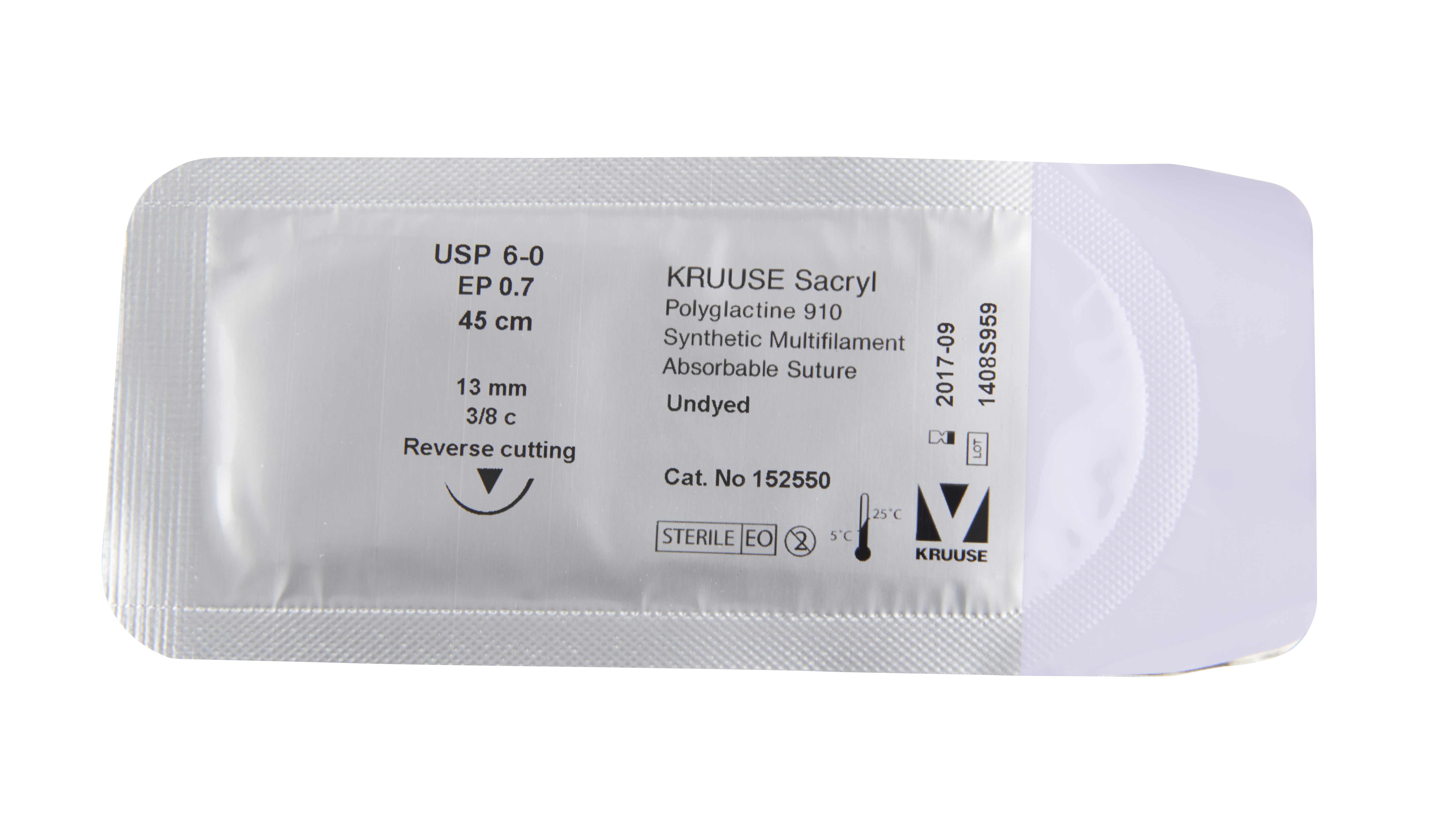KRUUSE Sacryl suture, USP 6-0, 45 cm, undyed, 13 mm, 3/8C, RC, 18 pcs
