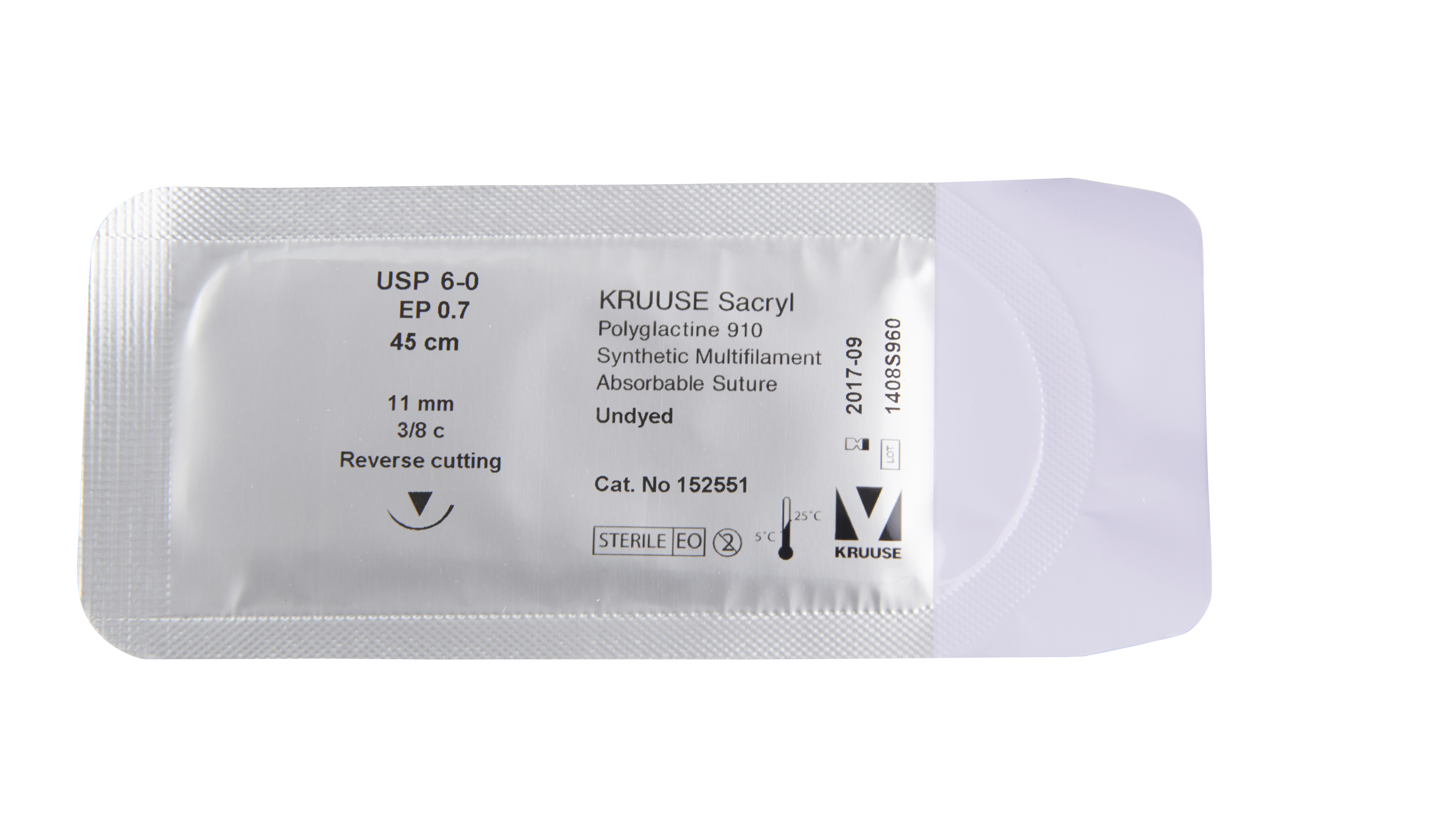 KRUUSE Sacryl Suture, USP 6-0, 45 cm, undyed, 11 mm, 3/8 C, RC, 18/pk