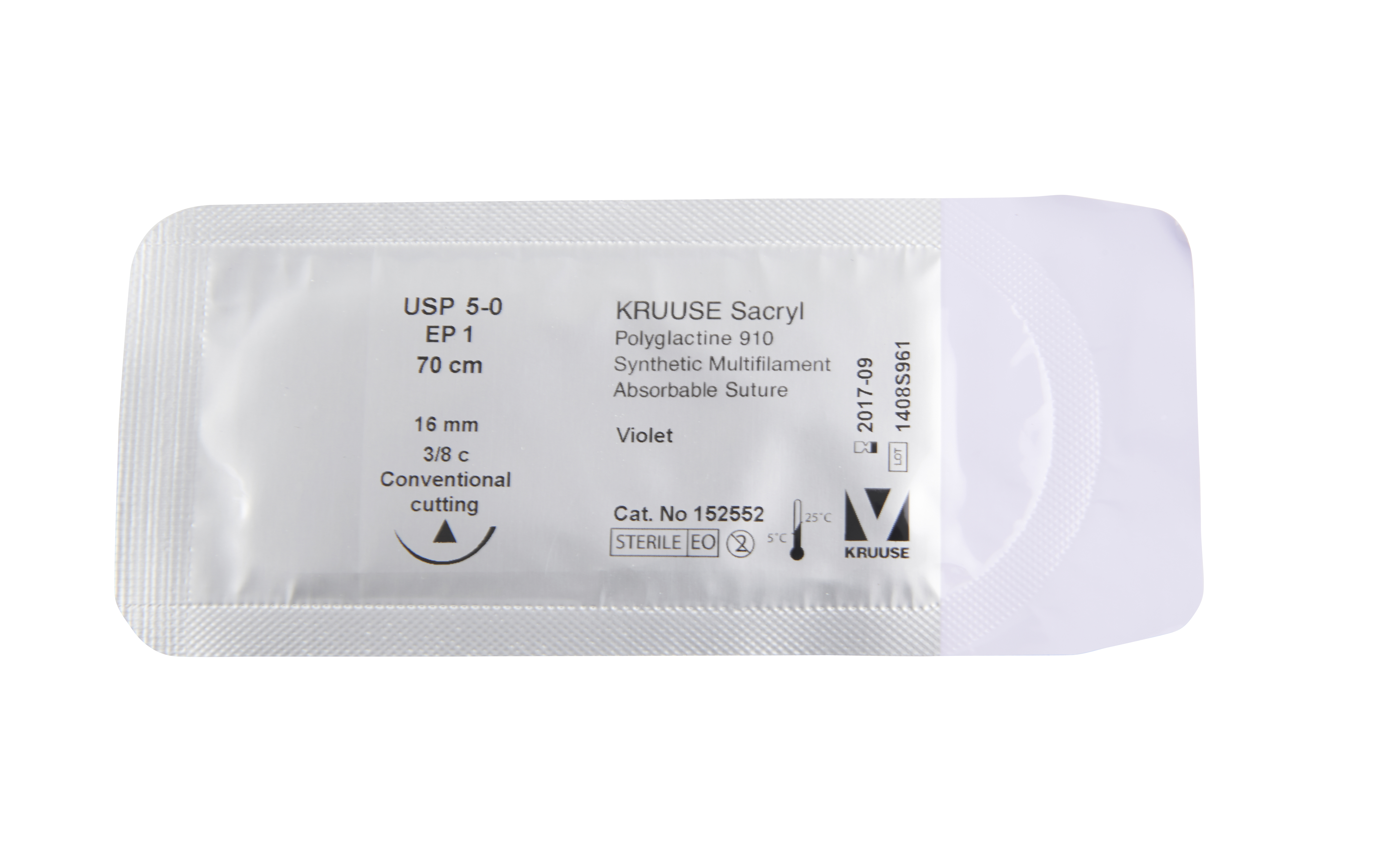 KRUUSE Sacryl Suture, USP 5-0, 70 cm, 16 mm, 3/8 C, CC, 18/pk