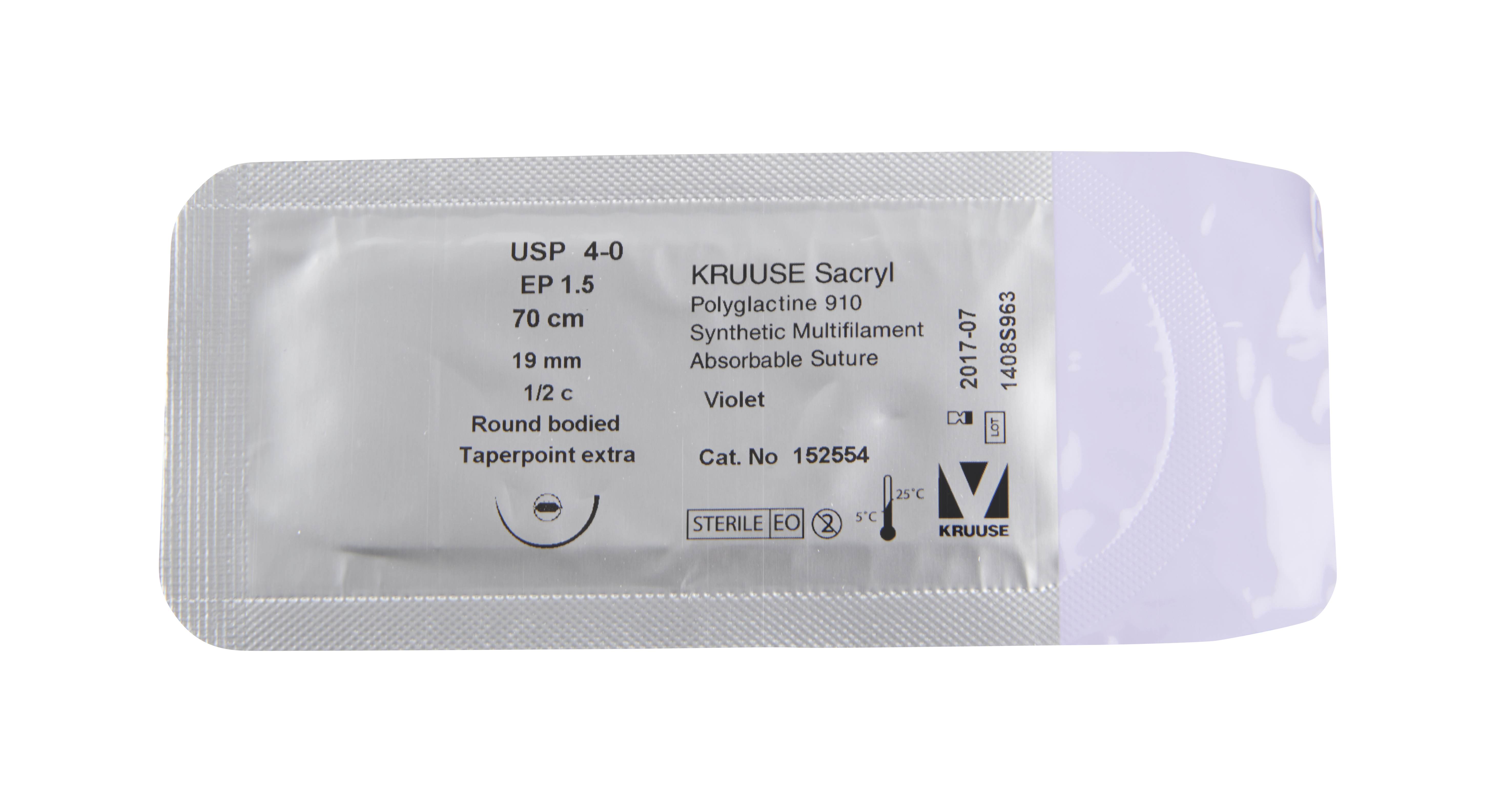 KRUUSE Sacryl Suture, USP 4-0, 70 cm, 19 mm, ½ C, RB, taperpoint extra, 18/pk