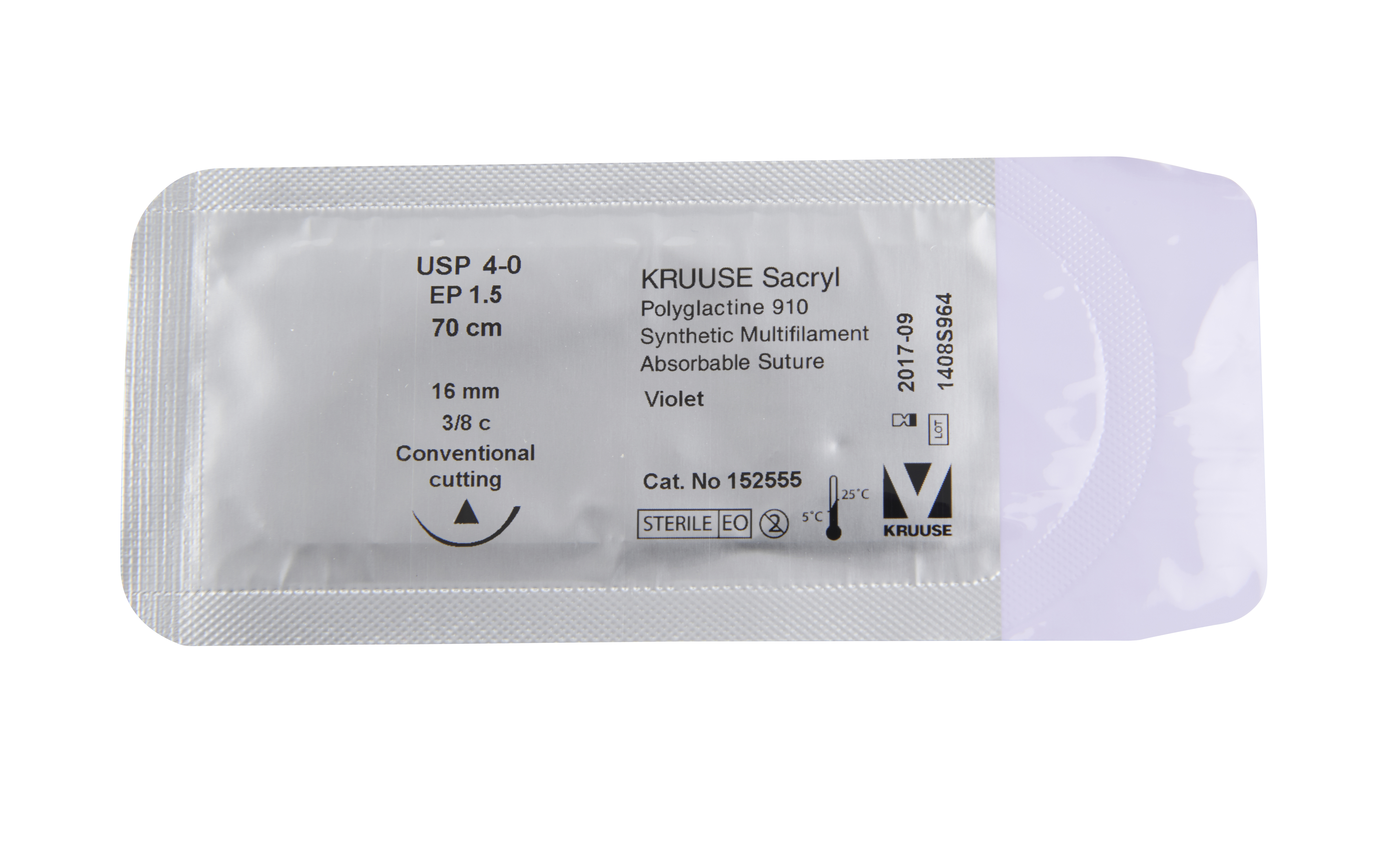 KRUUSE Sacryl Suture, USP 4-0, 70 cm, 16 mm, 3/8 C, CC, 18/pk