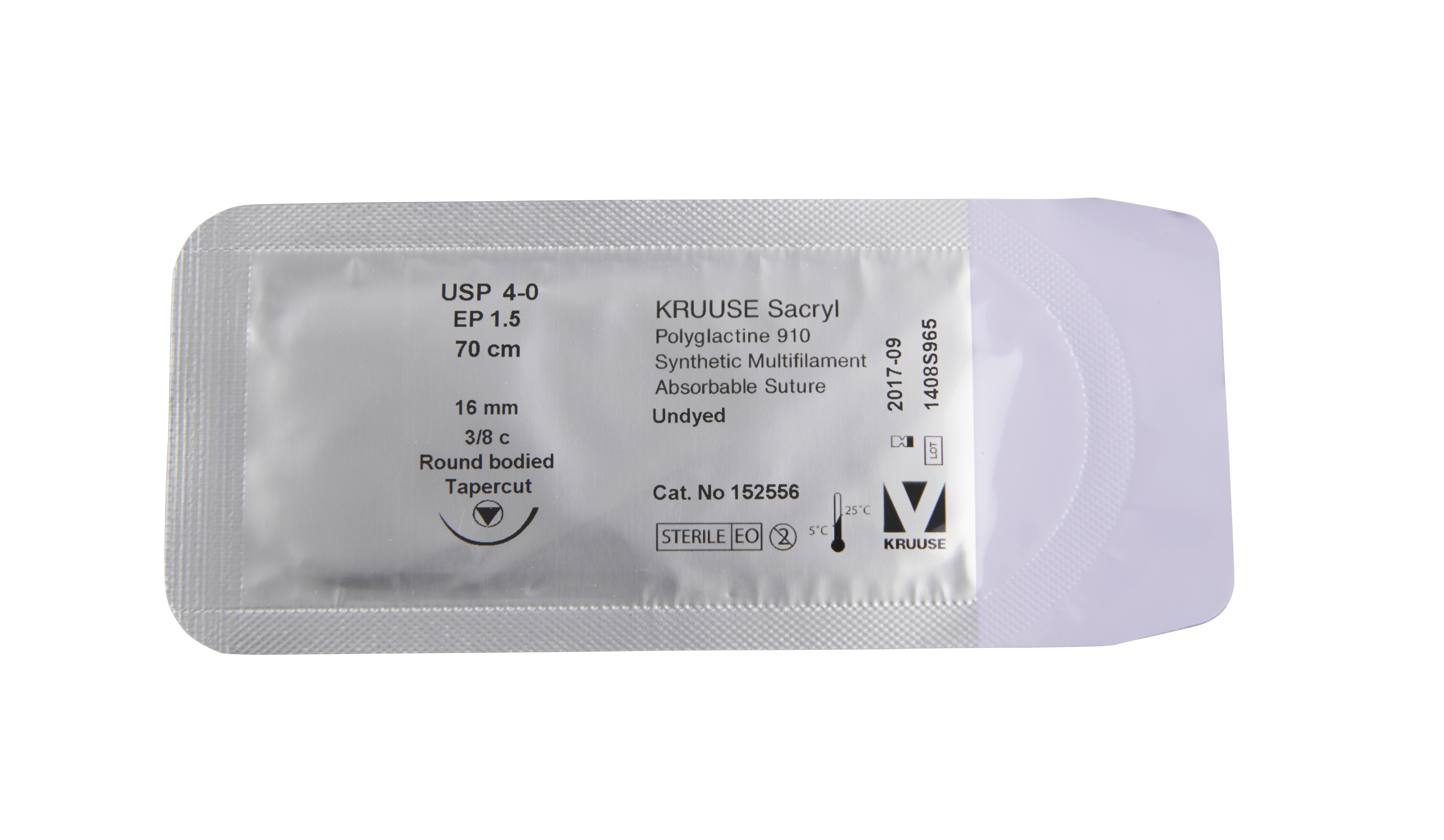 KRUUSE Sacryl Suture, USP 4-0, 70 cm, undyed, 16 mm, 3/8 C, RB, tapercut, 18/pk