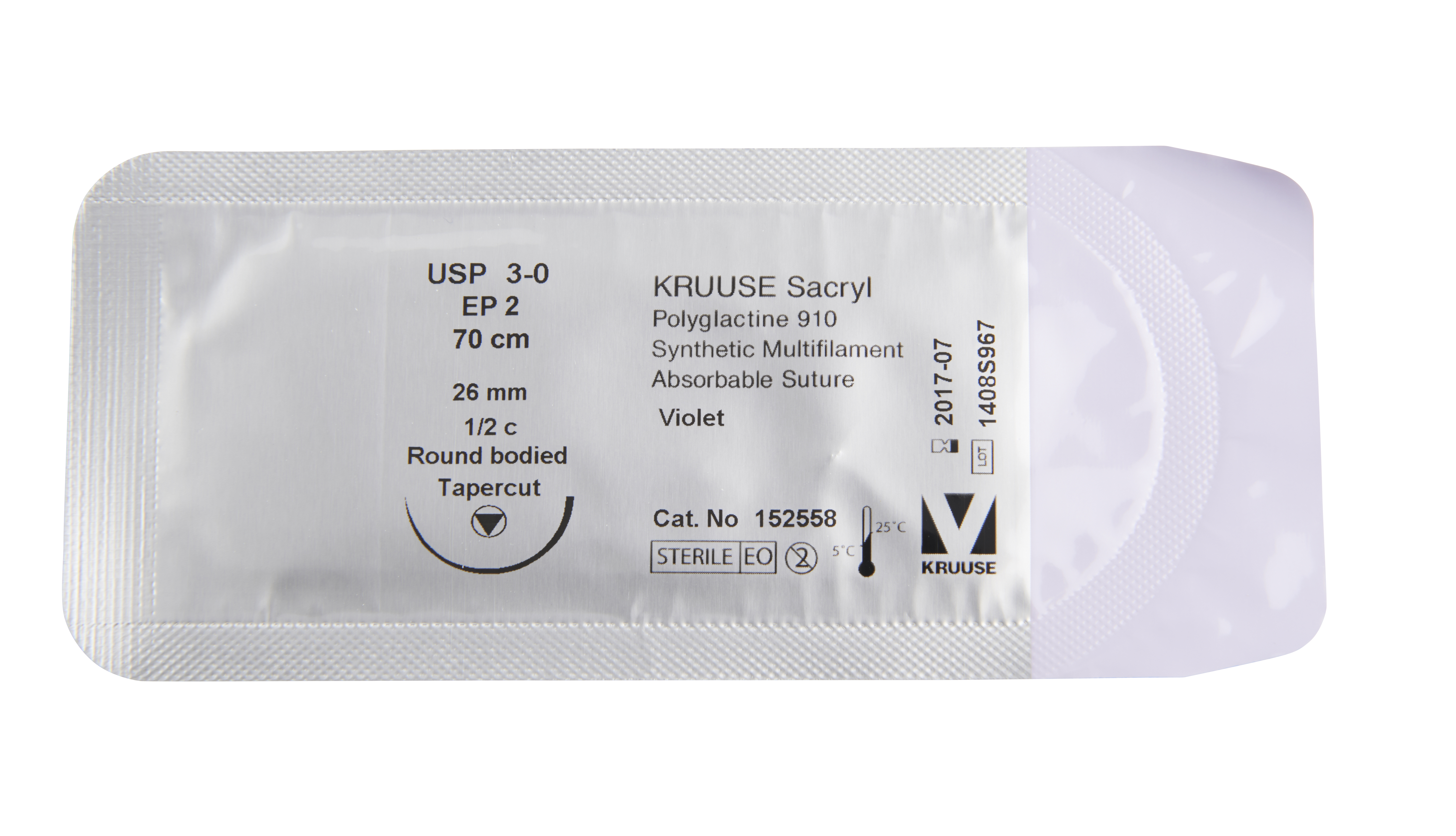 KRUUSE Sacryl Suture, USP 3-0, 70 cm, 26 mm, ½ C, RB, tapercut, 18/pk