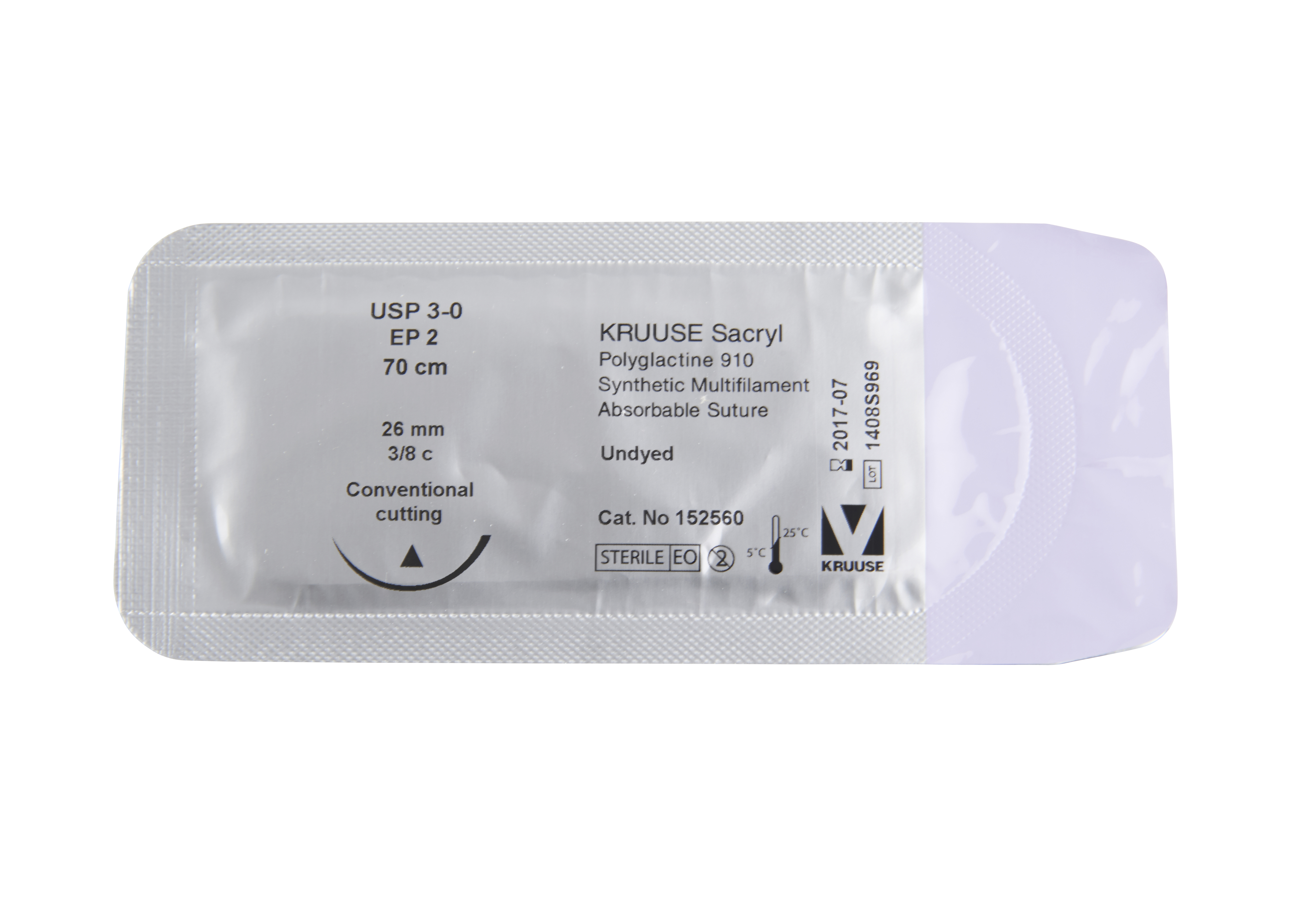 KRUUSE Sacryl Suture, USP 3-0, 70 cm, undyed, 26 mm, 3/8 C, CC, 18/pk