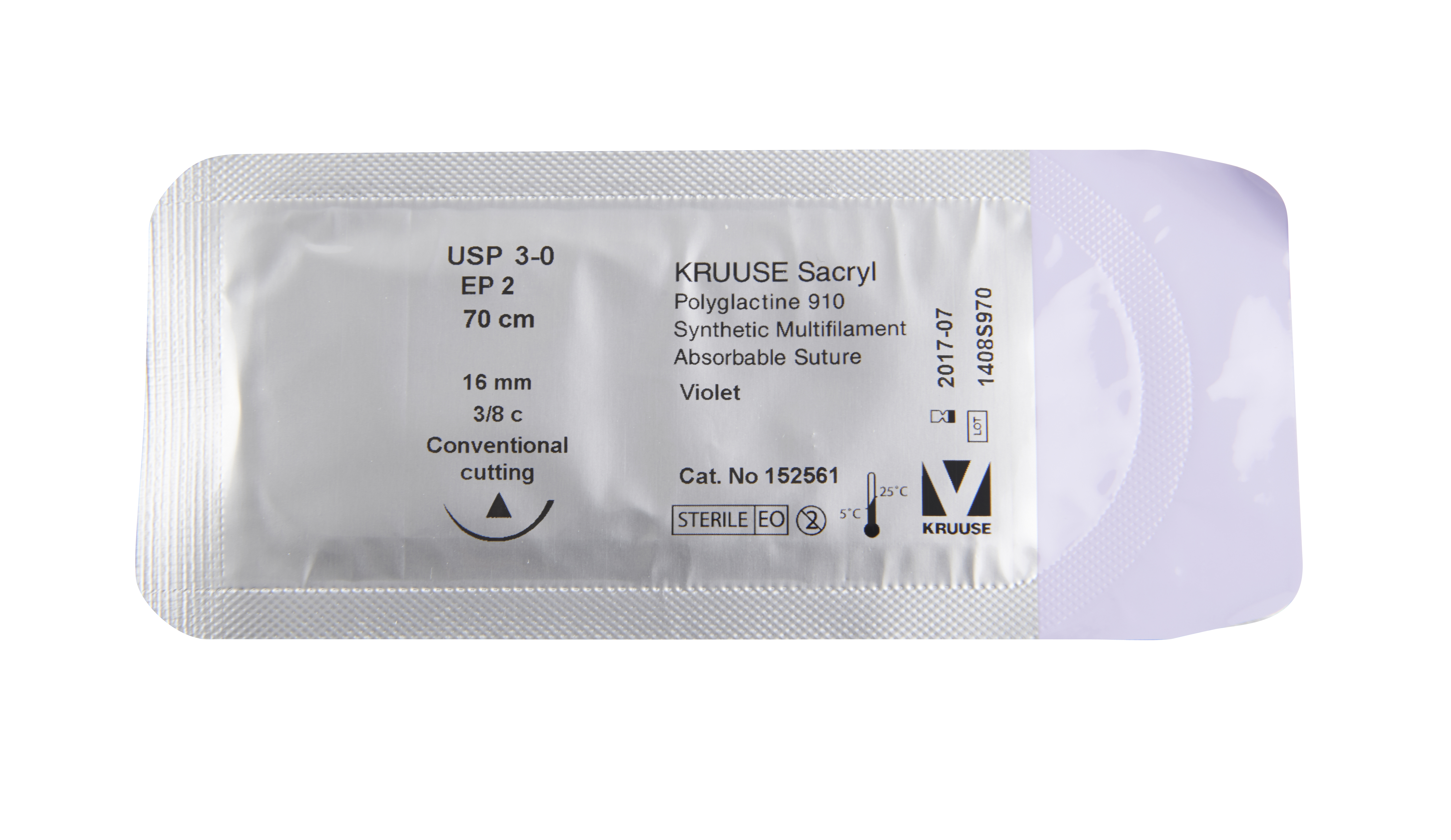 KRUUSE Sacryl Suture, USP 3-0, 70 cm, 16 mm, 3/8 C, CC, 18/pk