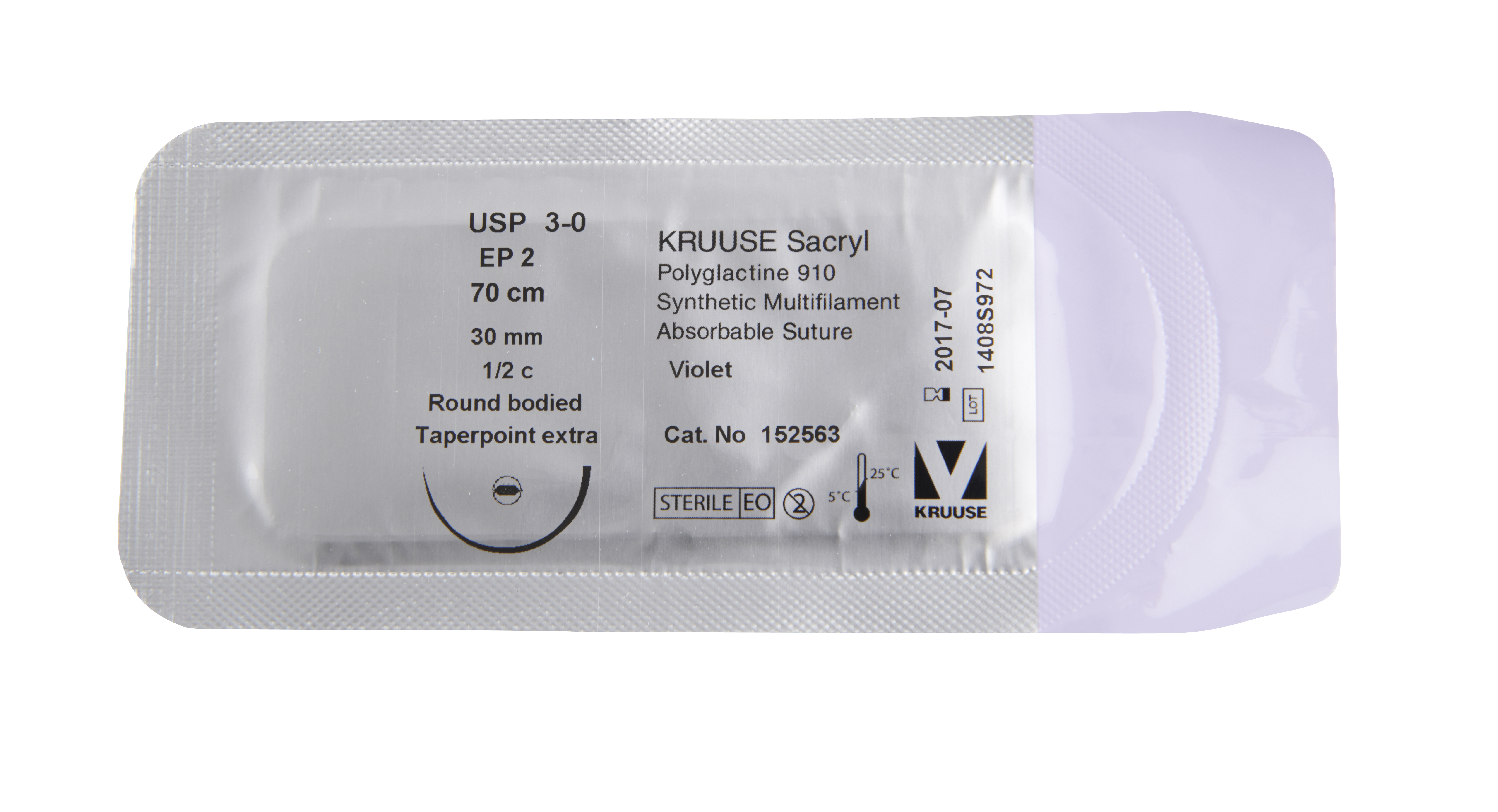 KRUUSE Sacryl Suture, USP 3-0, 70 cm, 30 mm, ½ C, RB, taperpoint plus, 18/pk