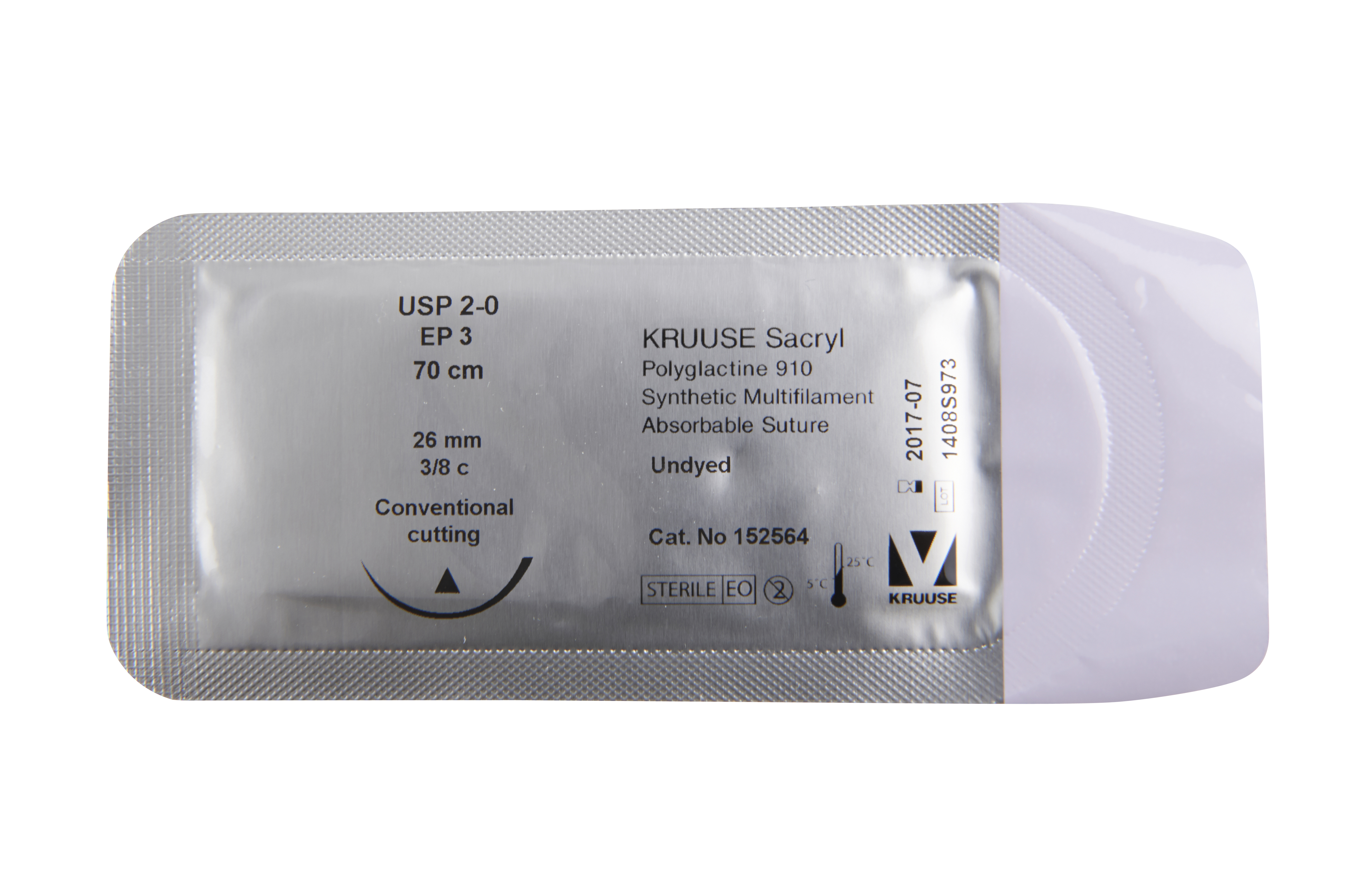 KRUUSE Sacryl Suture, USP 2-0, 70 cm, undyed, 26 mm, 3/8 C, CC, 18/pk