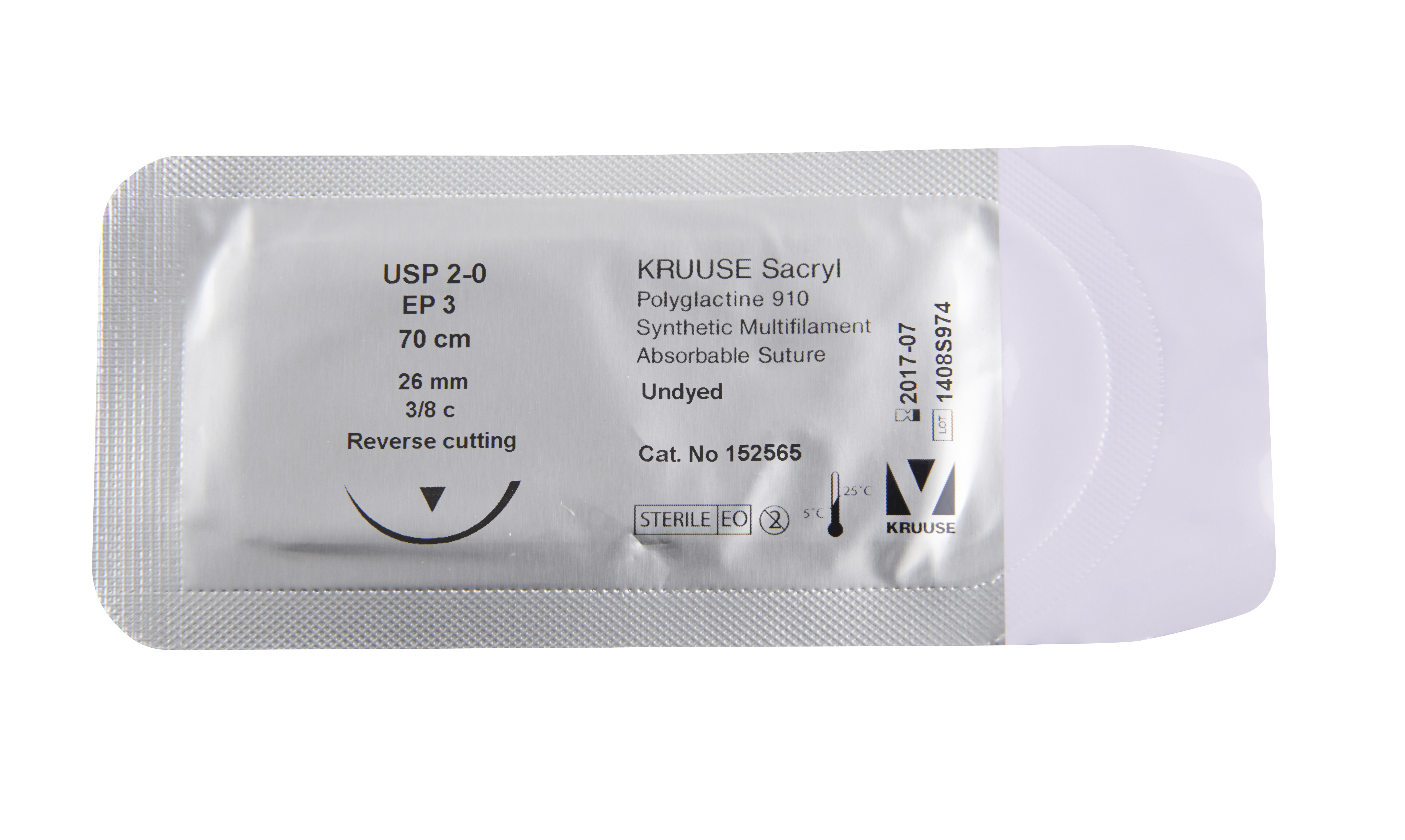 KRUUSE Sacryl Suture, USP 2-0, 70 cm, undyed, 26 mm, 3/8 C, RC, 18/pk