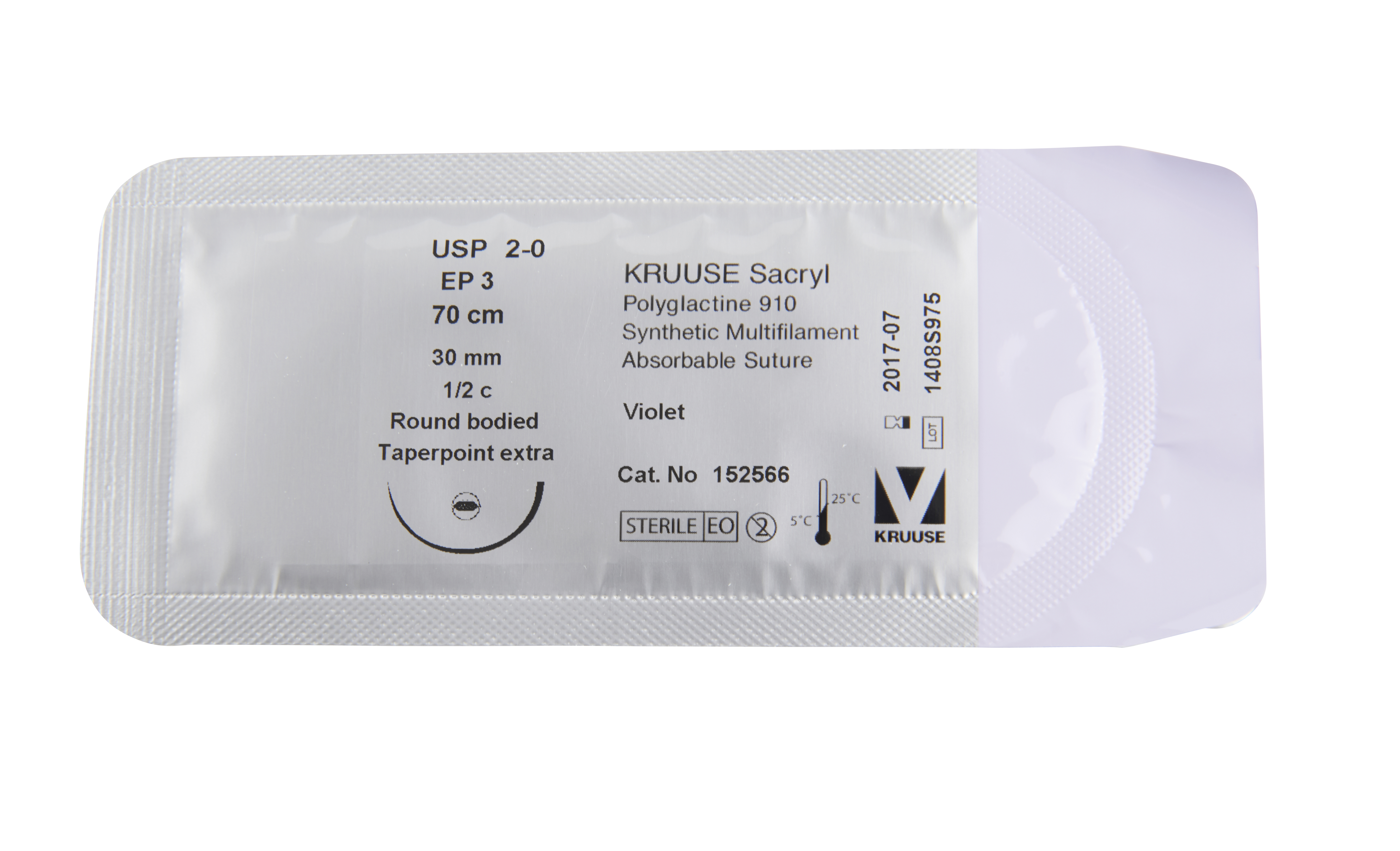 KRUUSE Sacryl Suture, USP 2-0, 70 cm, 30 mm, ½ C, RB, taperpoint extra, 18/pk