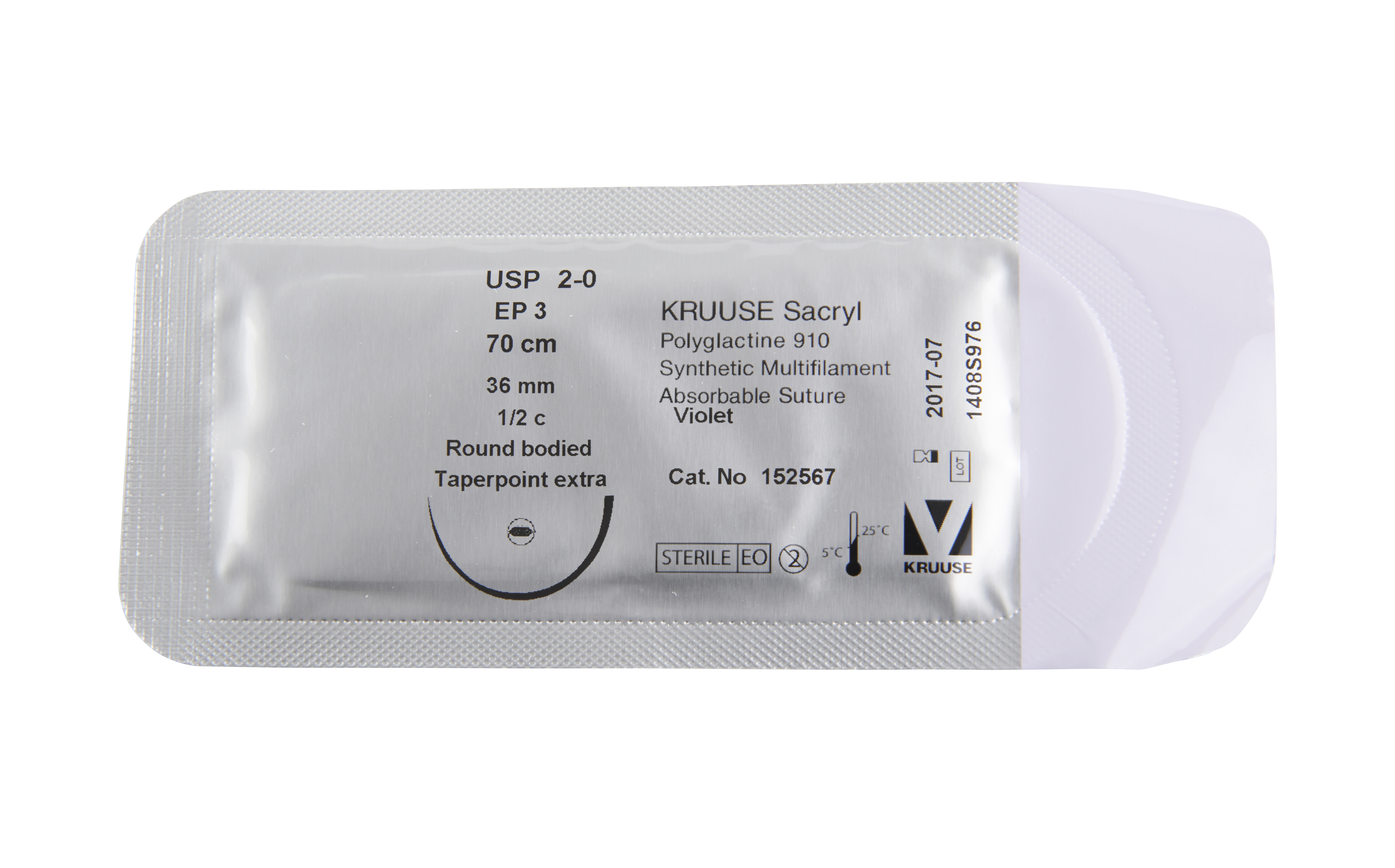 KRUUSE Sacryl Suture, USP 2-0, 70 cm, 36 mm, ½ C, RB, taperpoint extra, 18/pk