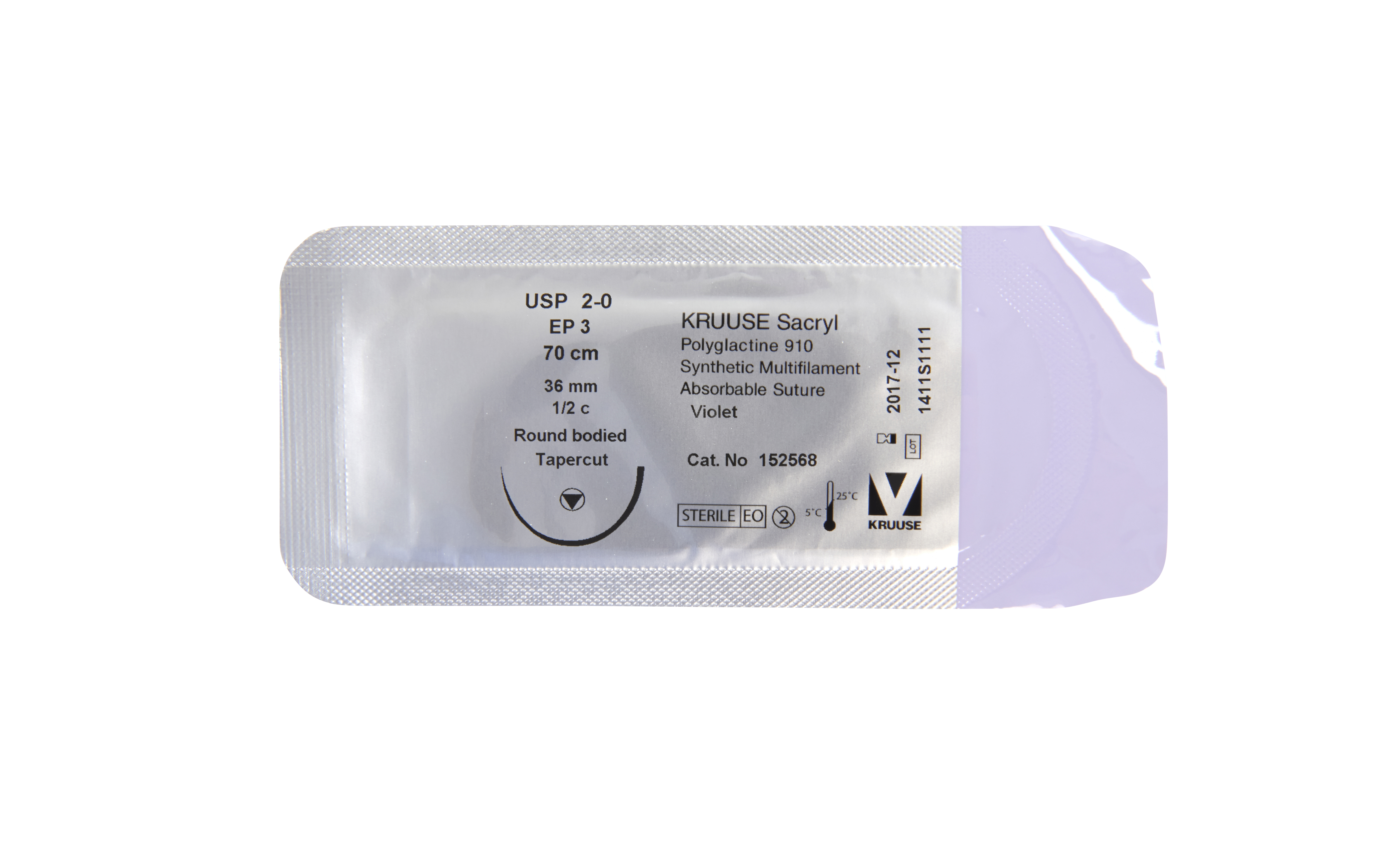KRUUSE Sacryl Sutur, USP 2-0, 70 cm, violet, 36 mm needle, ½ C, round bodied tapercut, 18/pk