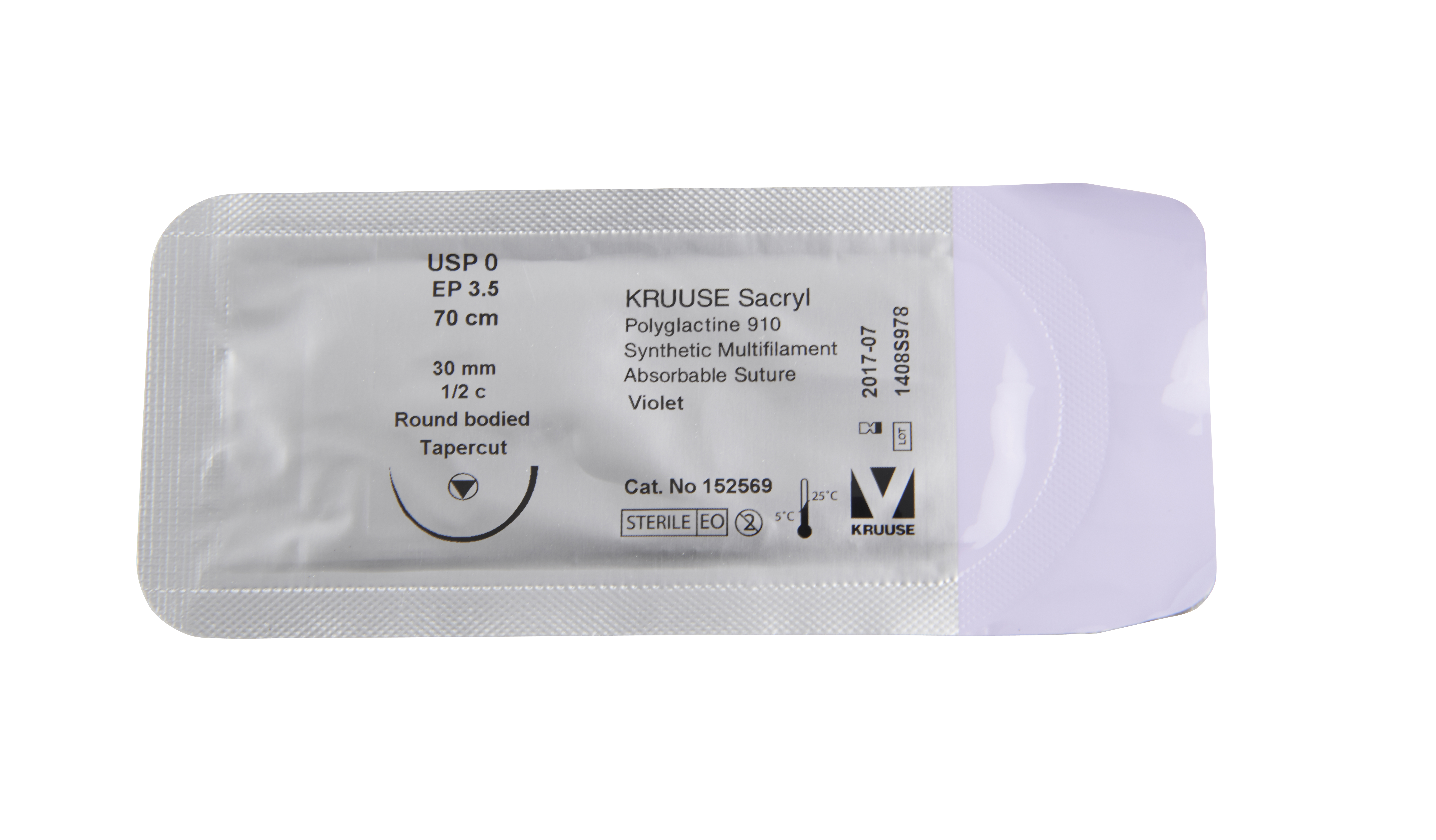 KRUUSE Sacryl Suture, USP 0, 70 cm, 30 mm, ½ C, RB, tapercut, 18/pk