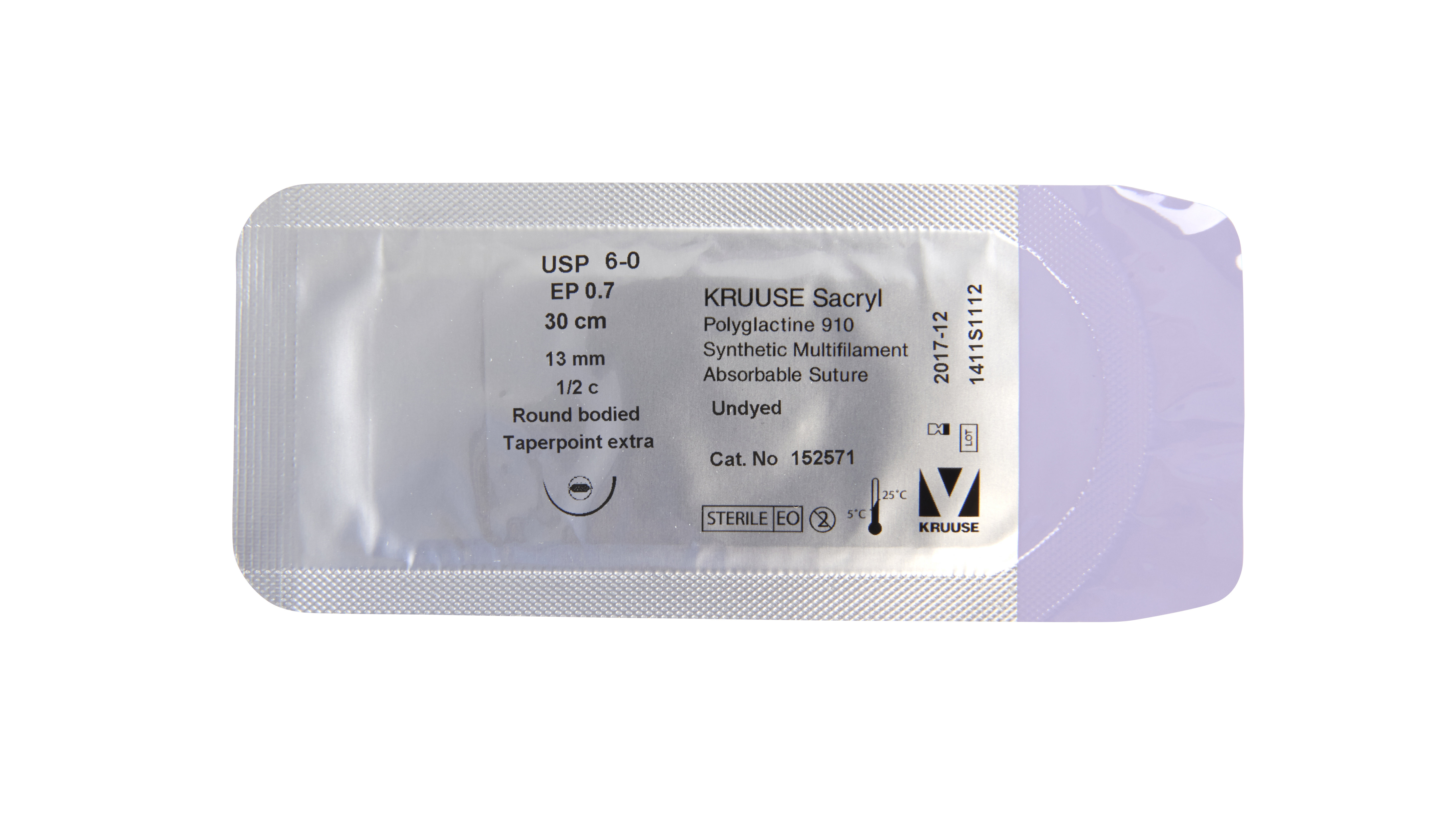 KRUUSE Sacryl Suture, USP 6-0, 30 cm, undyed, 13 mm needle, ½ C, round bodied taperpoint extra, 18/pk