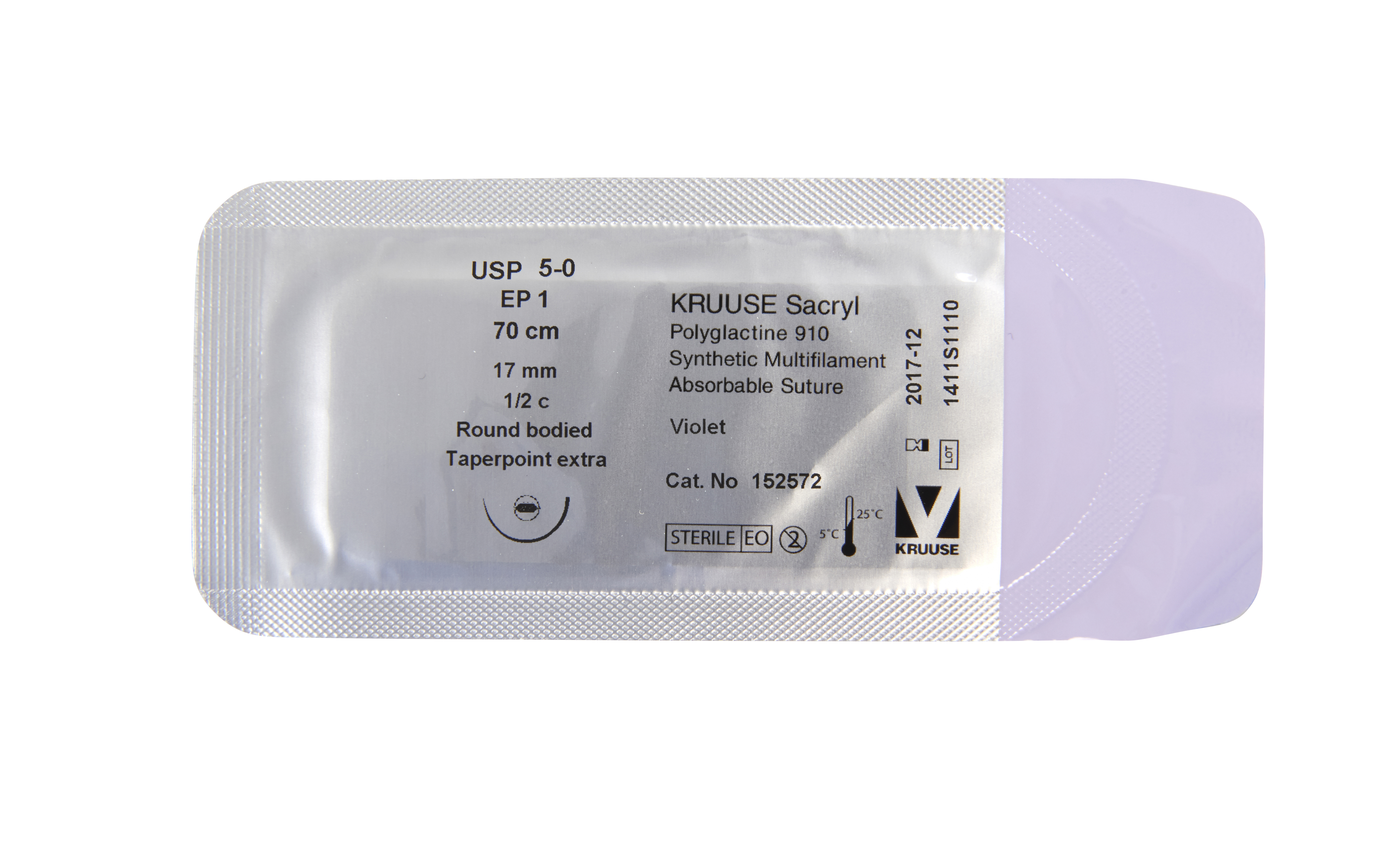KRUUSE Sacryl Suture, USP 5-0, 70 cm violet, 17 mm needle, ½ C, round bodied taperpoint extra, 18/pk