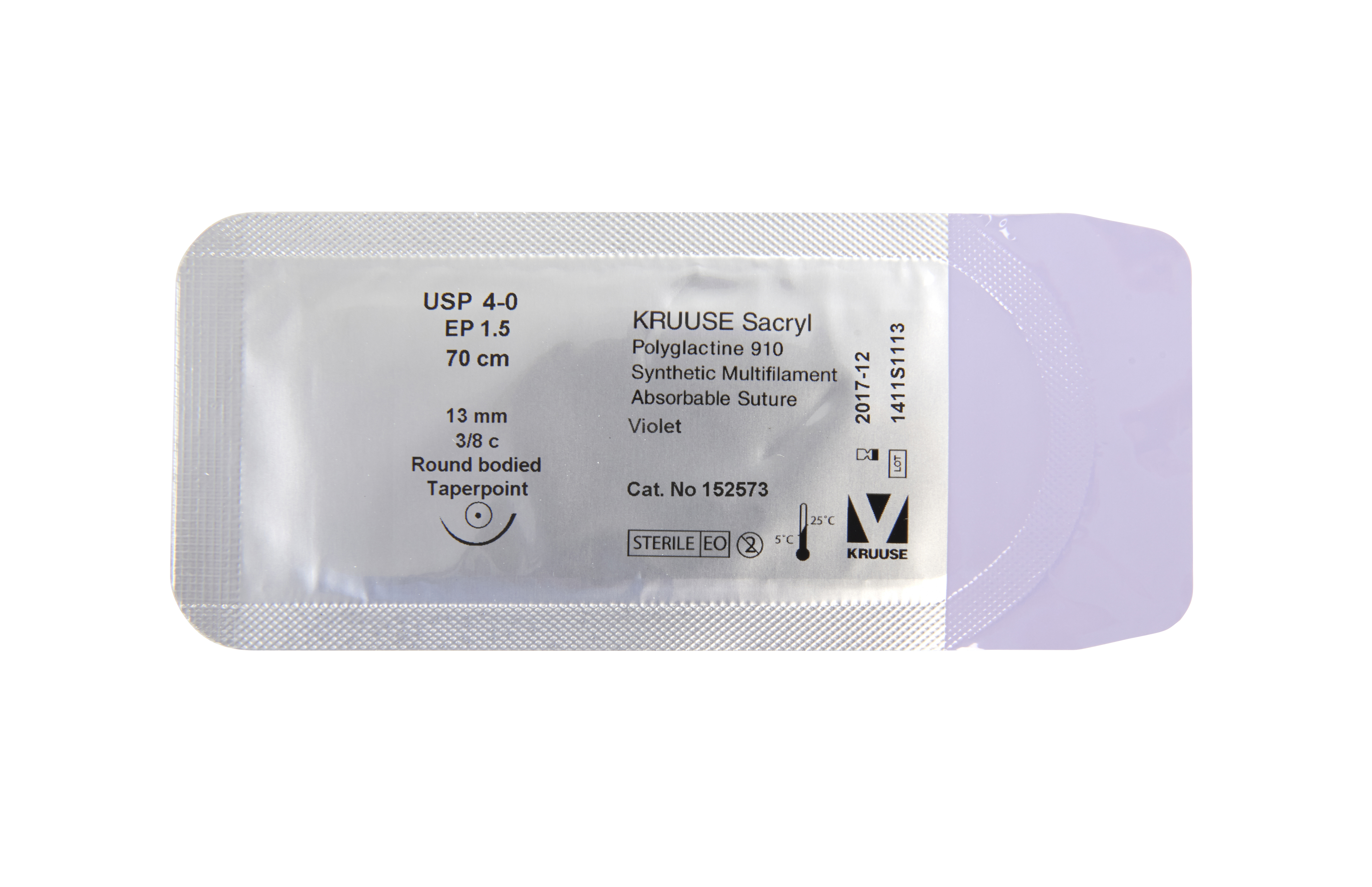KRUUSE Sacryl Suture, USP 4-0, 70 cm, violet, 13 mm needle, 3/8 C, round bodied taperpoint, 18/pk