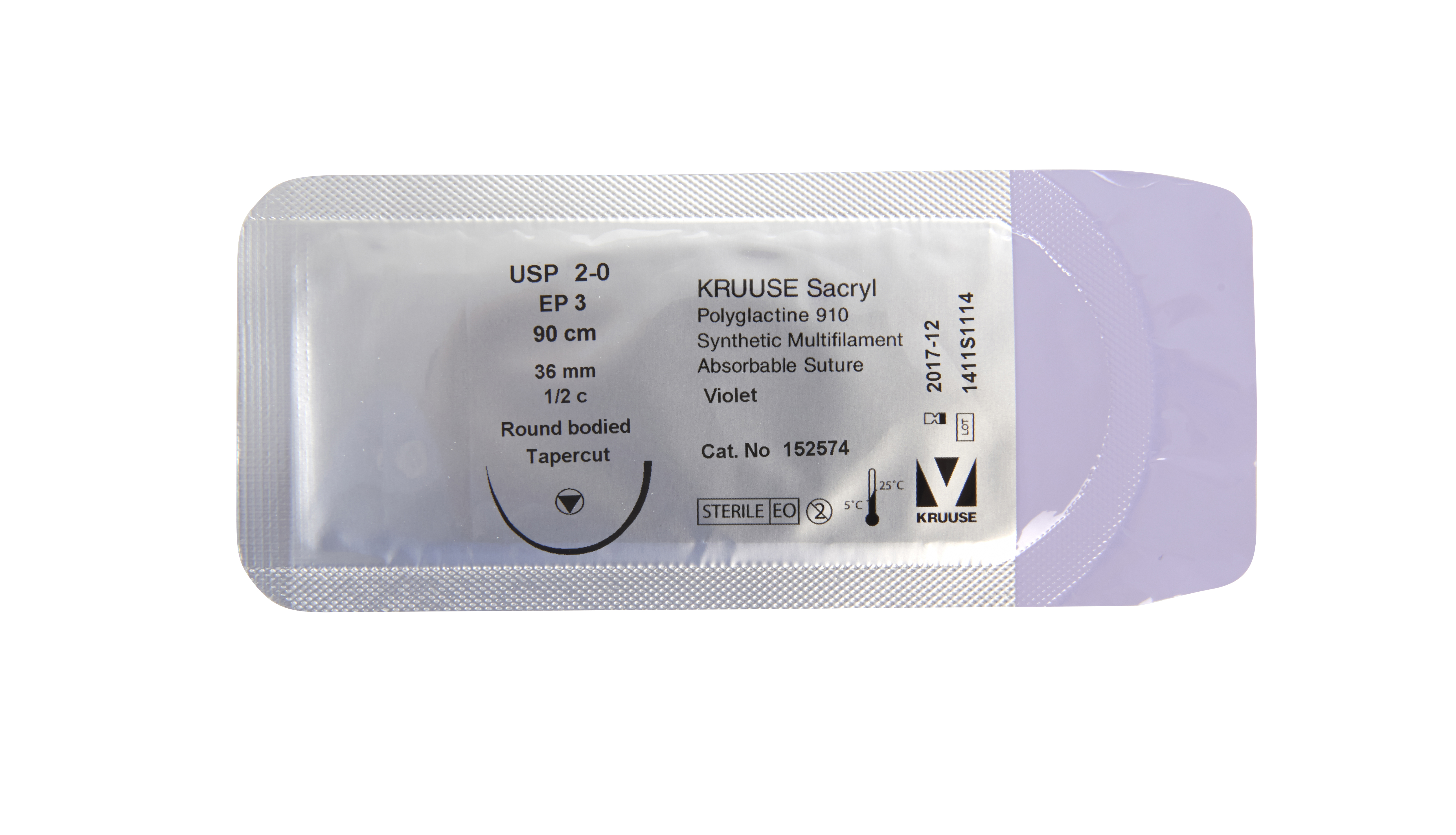 KRUUSE Sacryl Suture, USP 2-0, 90 cm, violet, 36 mm needle, 1/2 C, round bodied taperpoint, 18/pk