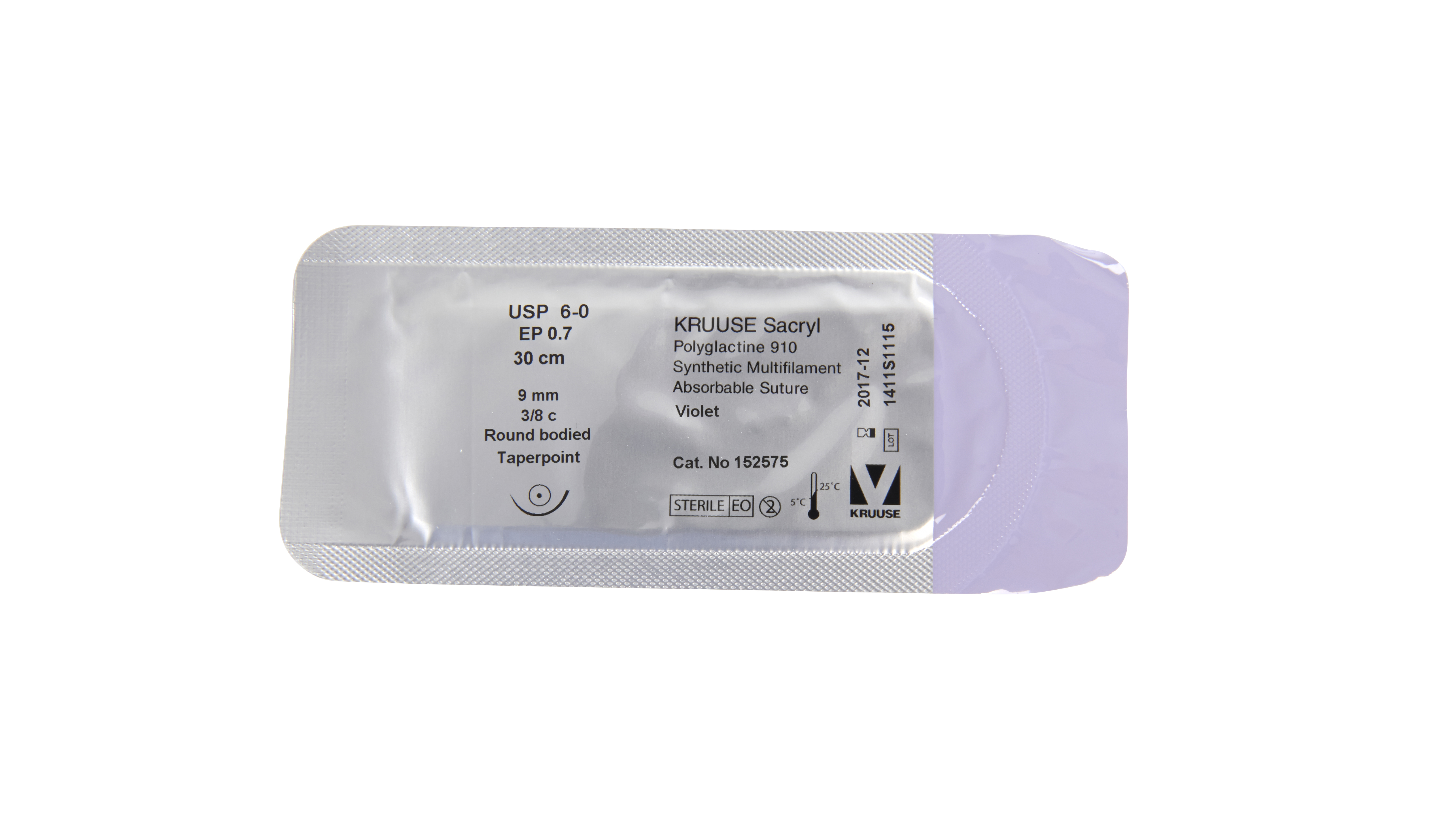 KRUUSE Sacryl Suture, USP 6-0, 30 cm, violet, 9 mm needle, 3/8 C, round bodied taperpoint, 18/pk
