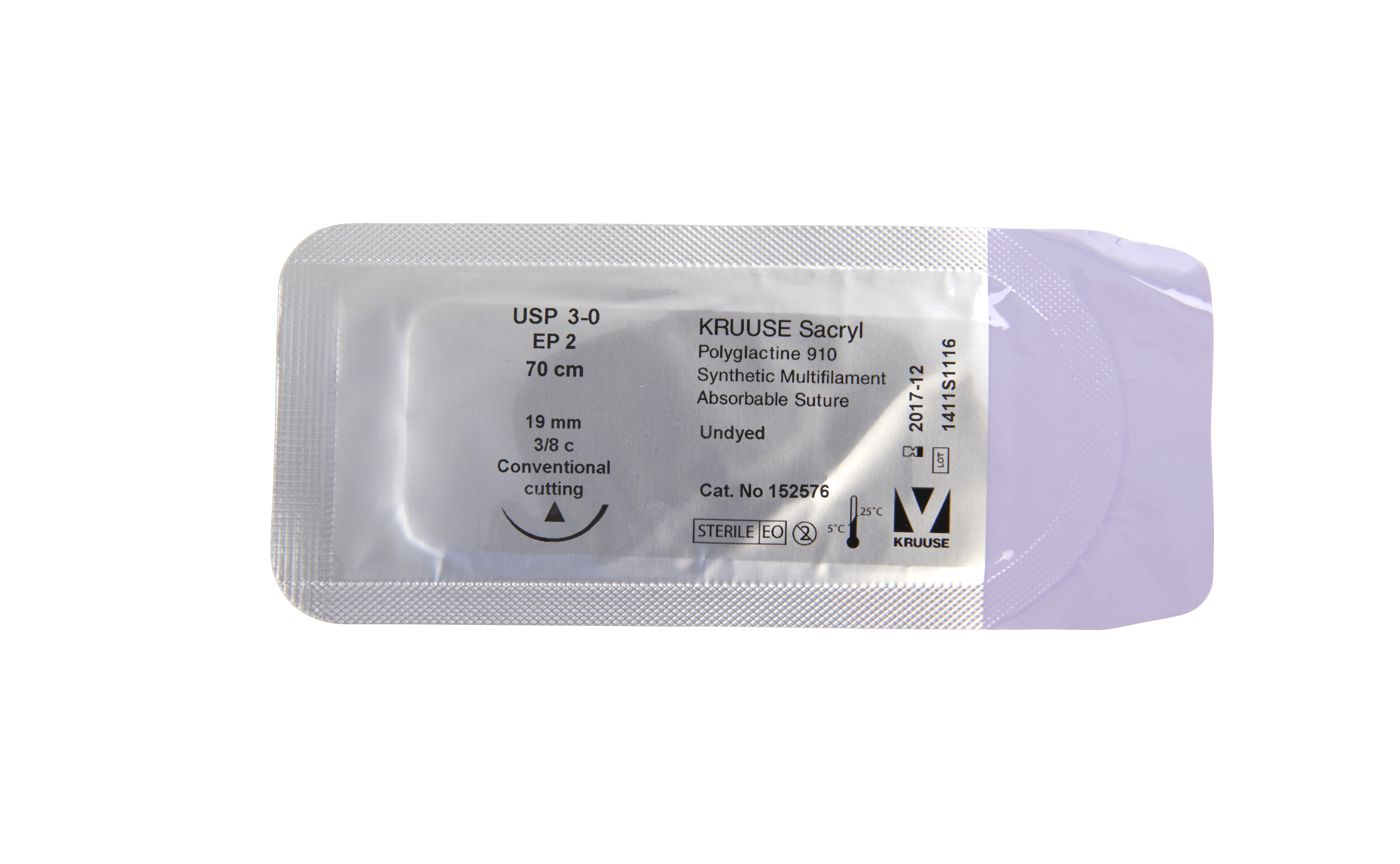 KRUUSE Sacryl Suture, USP 3-0, 70 cm, undyed, 19 mm needle, 3/8 C, conv. cut., 18/pk