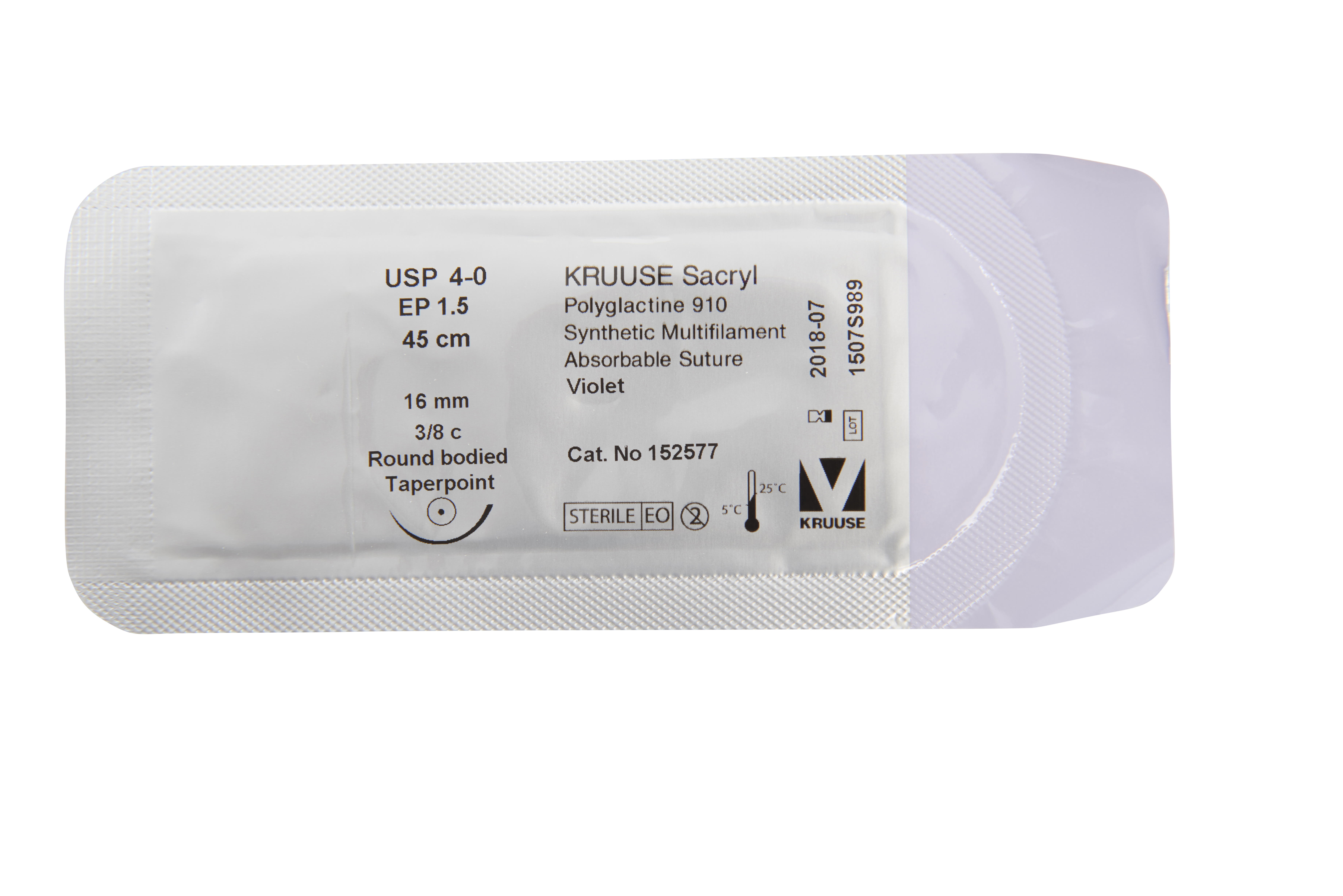 KRUUSE Sacryl Suture, USP 4-0, 45 cm, violet, 16 mm needle, 3/8 C, taperpoint, 18/pk