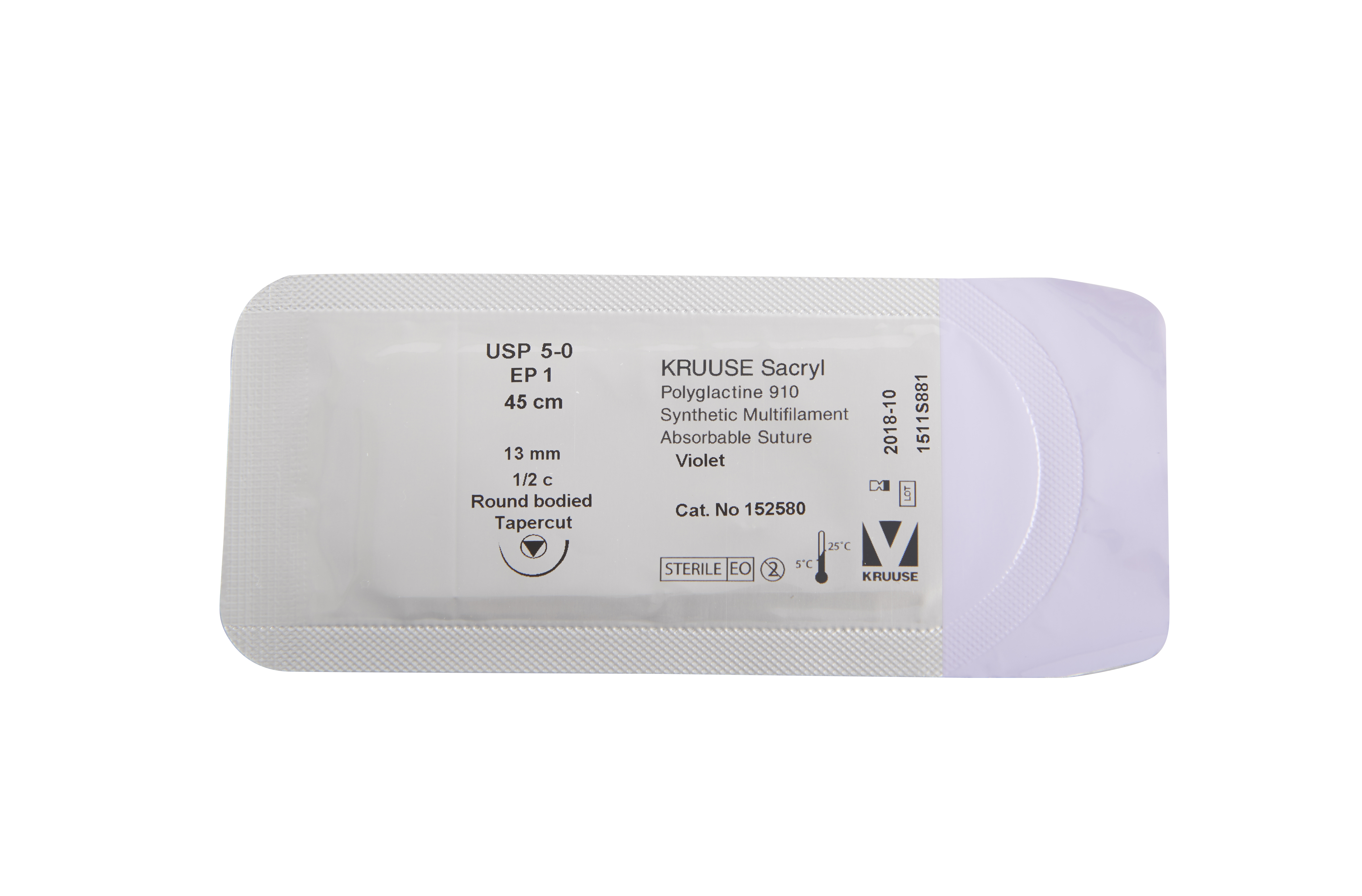 KRUUSE Sacryl Suture, USP 5-0, 45 cm, violet, 13 mm needle, ½ C, RB, tapercut, 18/pk