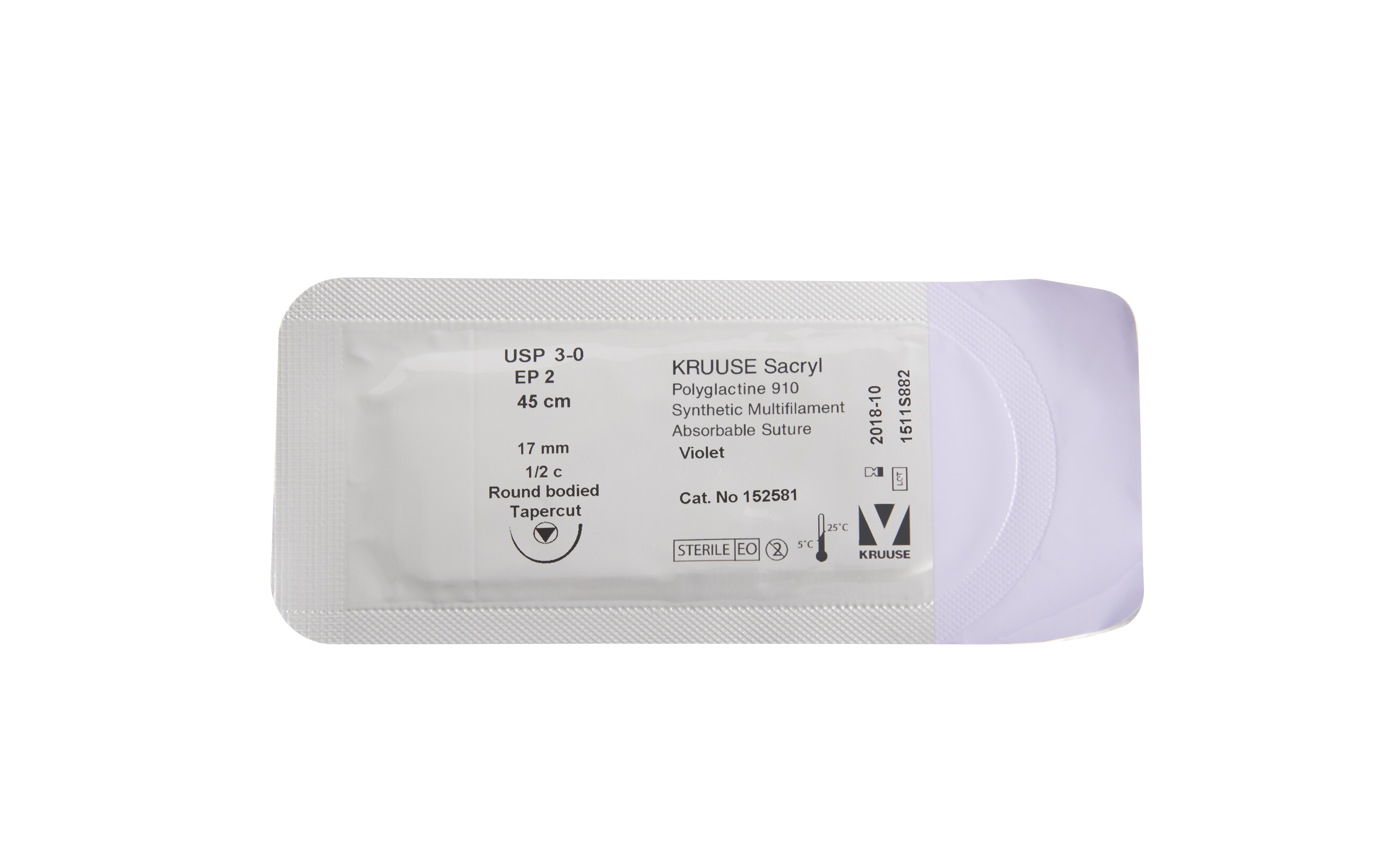 KRUUSE Sacryl Suture, USP 3-0, 45 cm, violet, 17 mm needle, ½ C, RB, tapercut, 18/pk
