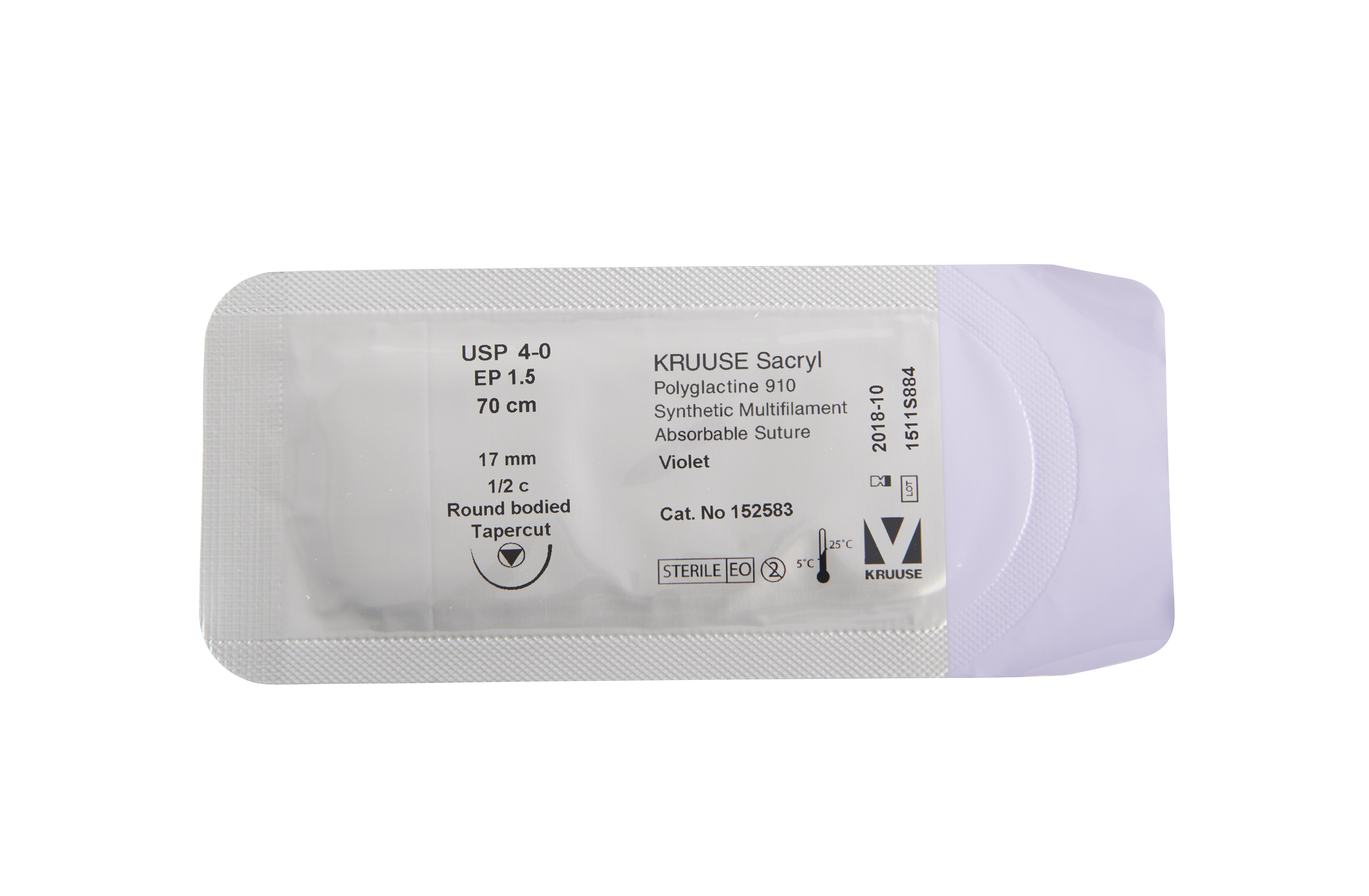 KRUUSE Sacryl Suture, USP 4-0, 70 cm, violet, 17 mm needle, ½ C, RB, tapercut, 18/pk
