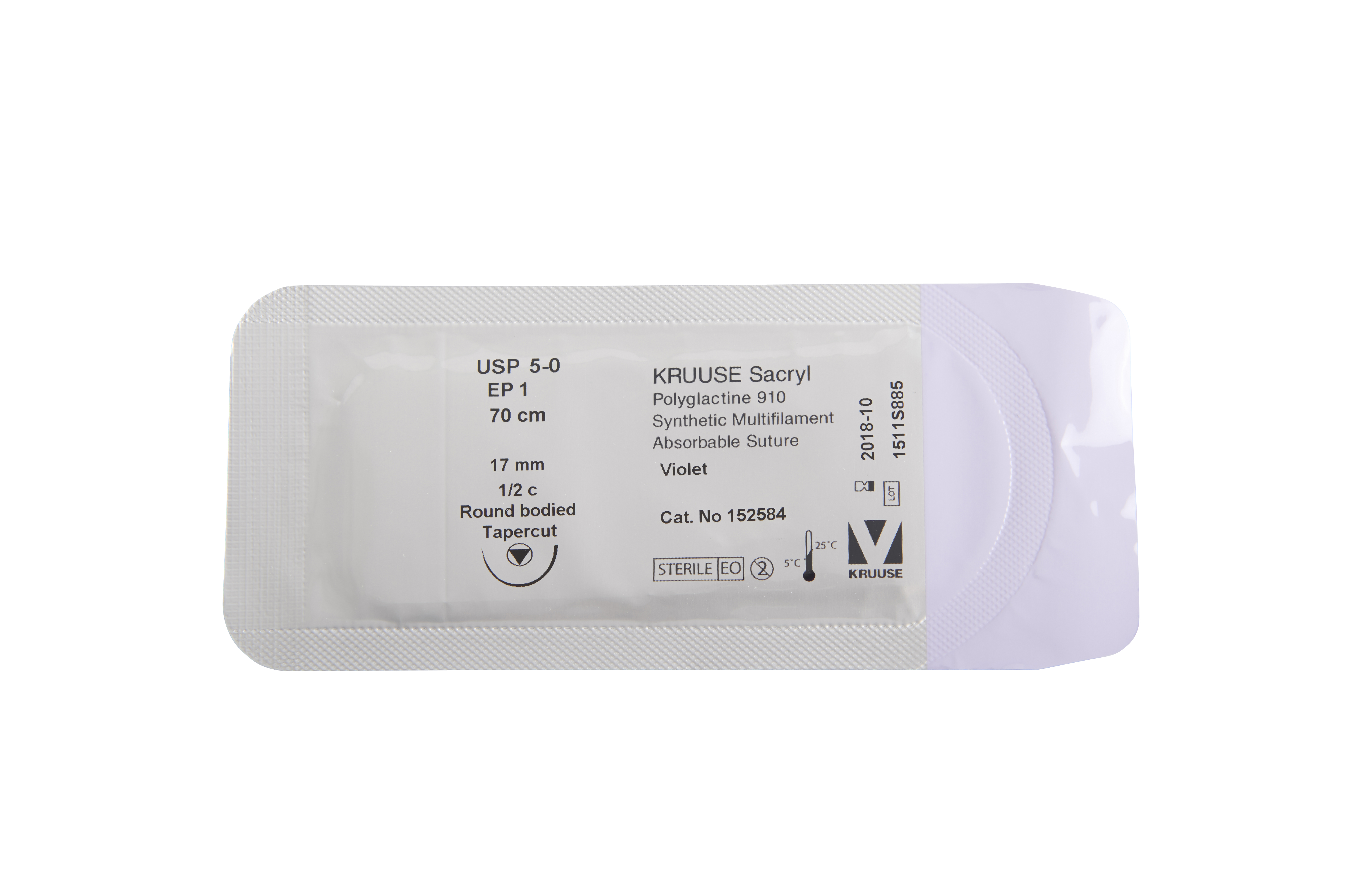 KRUUSE Sacryl Suture, USP 5-0, 70 cm, violet, 17 mm needle, ½ C, RB, tapercut, 18/pk