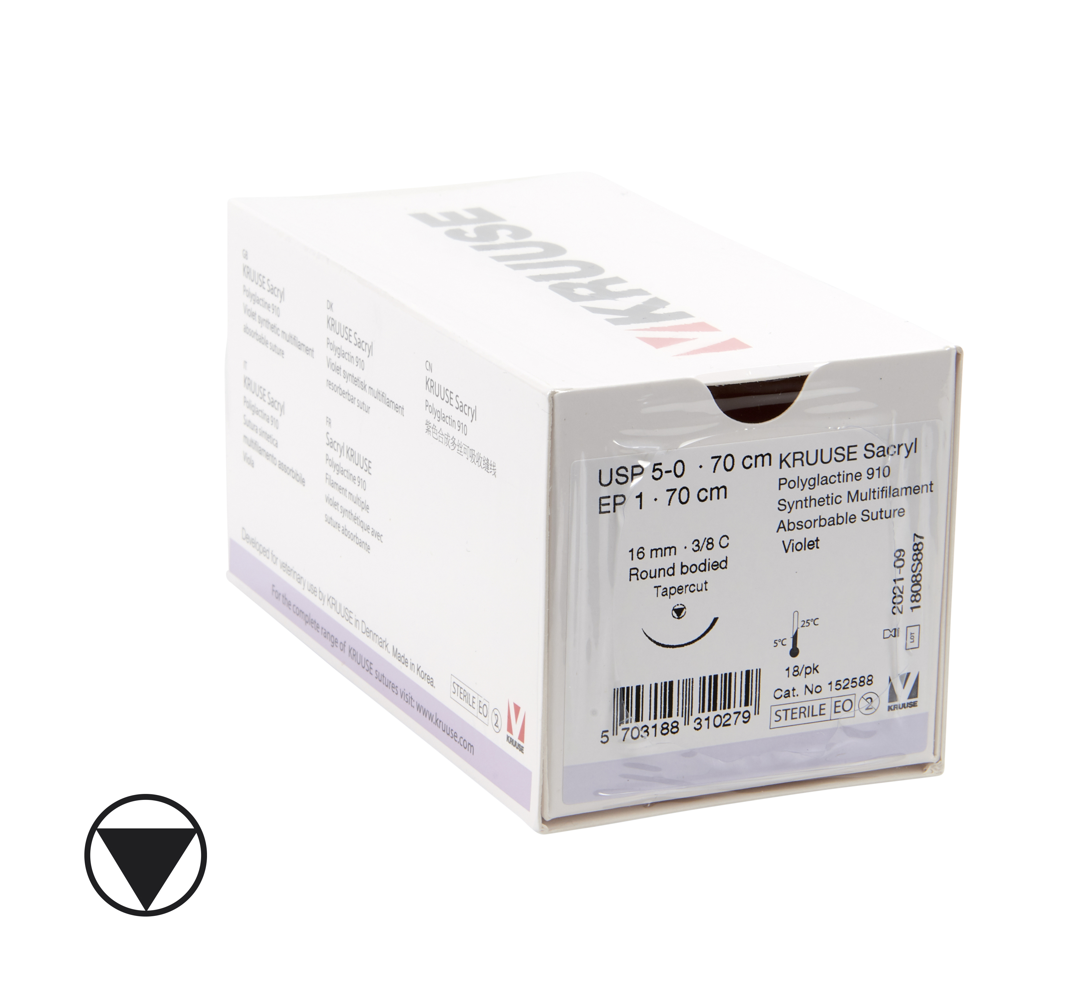 KRUUSE Sacryl Suture, USP 5-0/EP 1, 70 cm, violet, 16 mm, 3/8 C, round-bodied tapercut, 18/pk