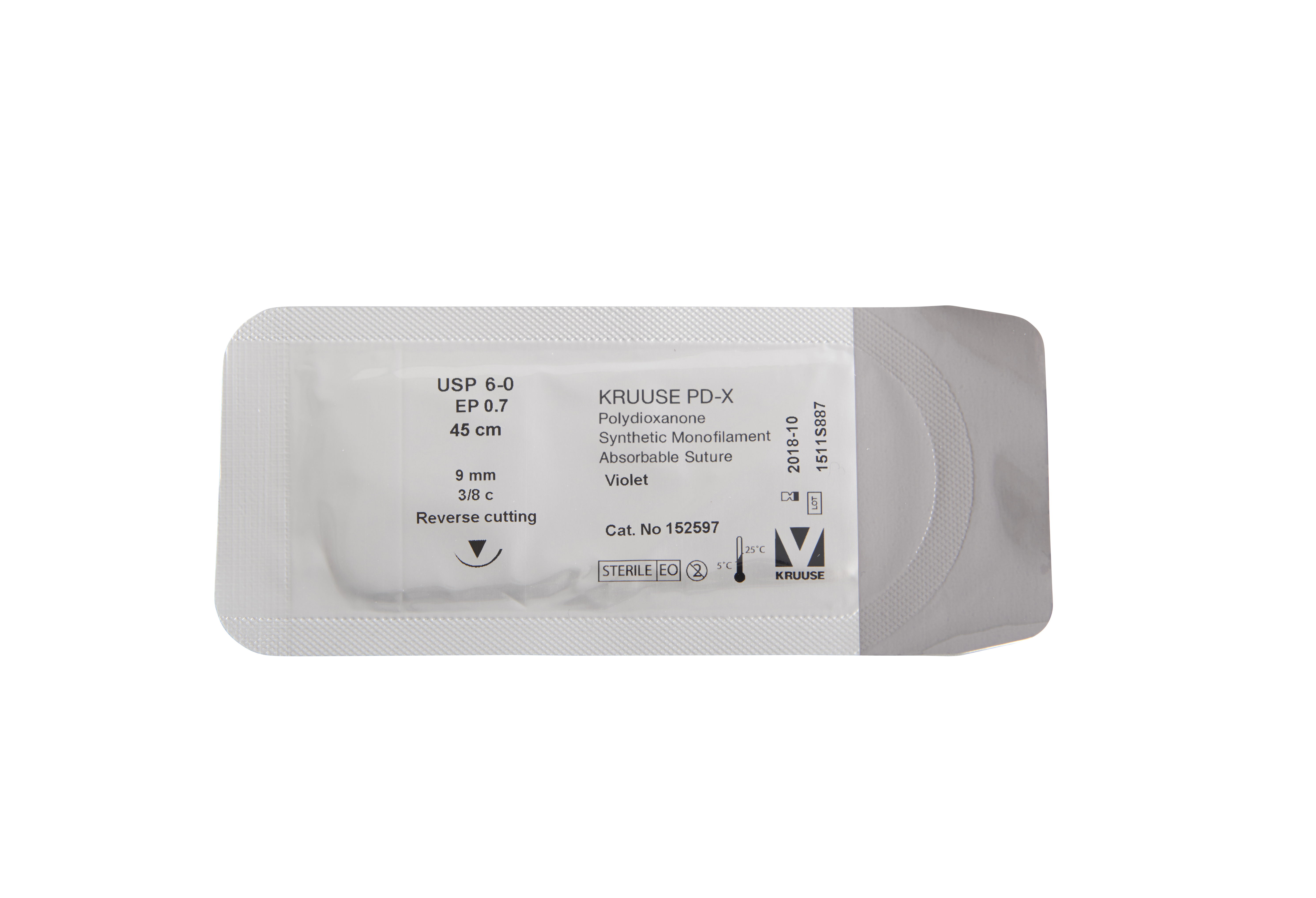 KRUUSE PD-X Suture, USP 6-0, 45 cm, 9 mm needle, 3/8 C, RC, 18/pk
