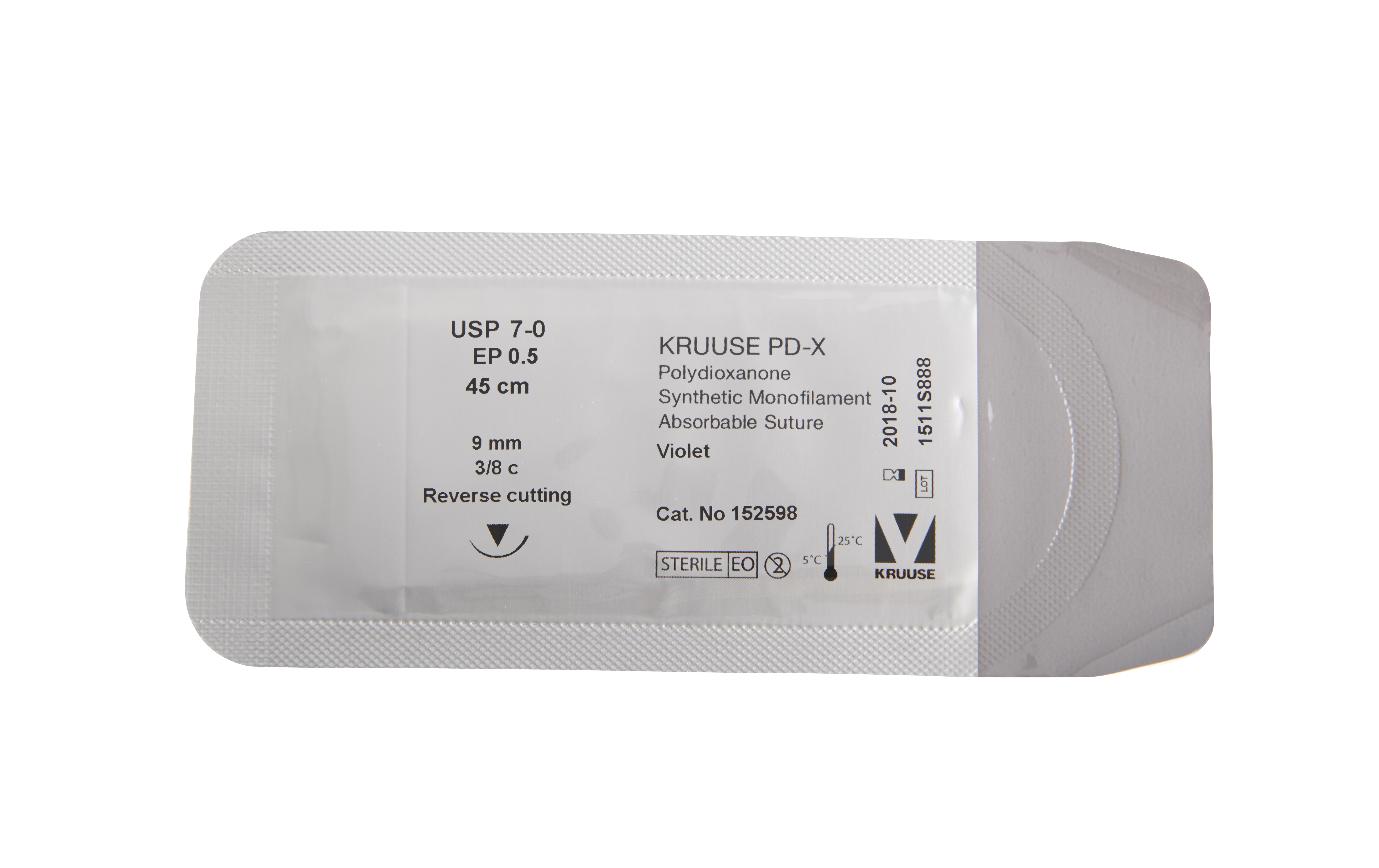 KRUUSE PD-X Suture, USP 7-0, 45 cm, 9 mm needle, 3/8 C, RC, 18/pk