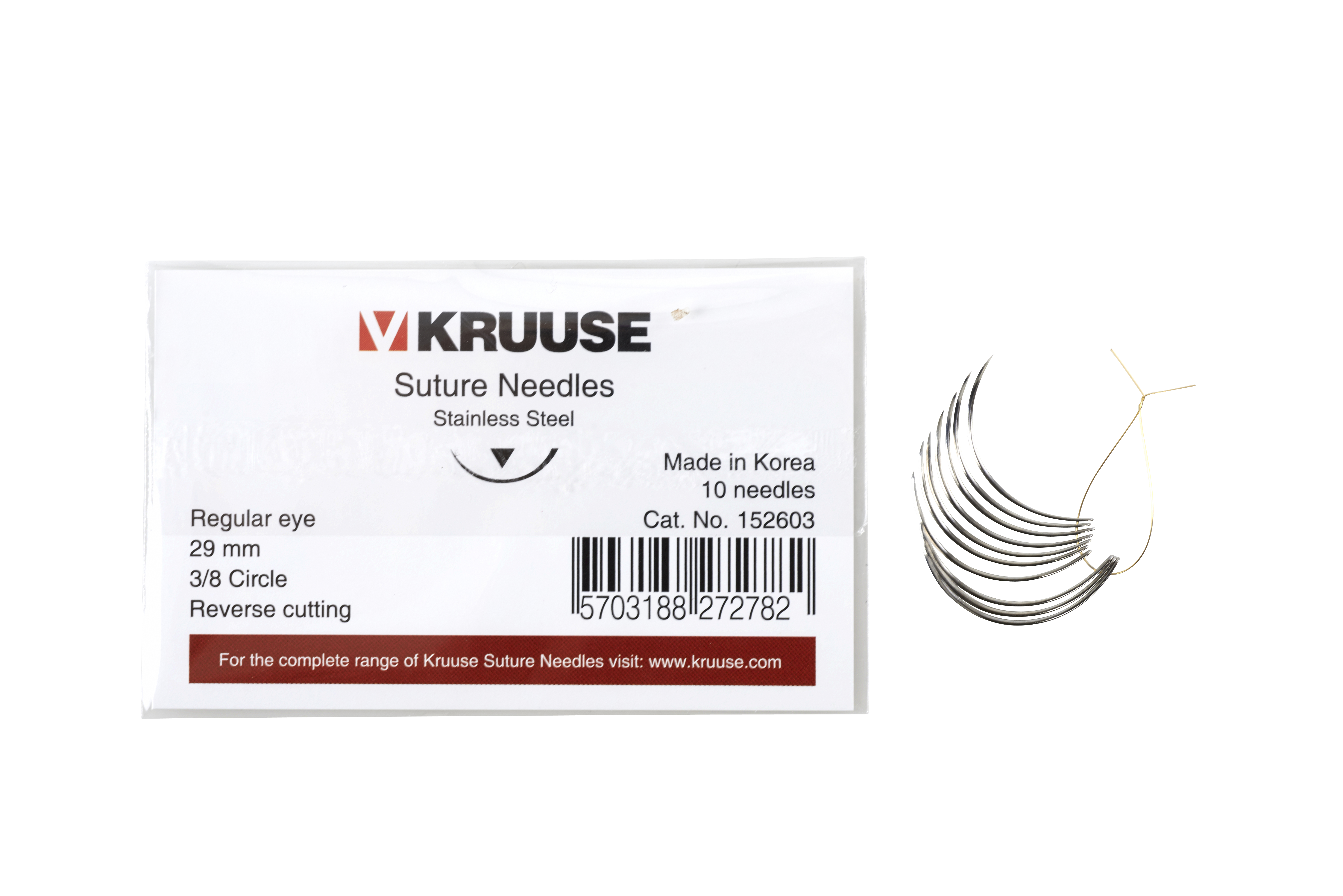 KRUUSE Suture Needle, regular eye, 3/8 circle, reverse cutting, 29 mm, 10/pk