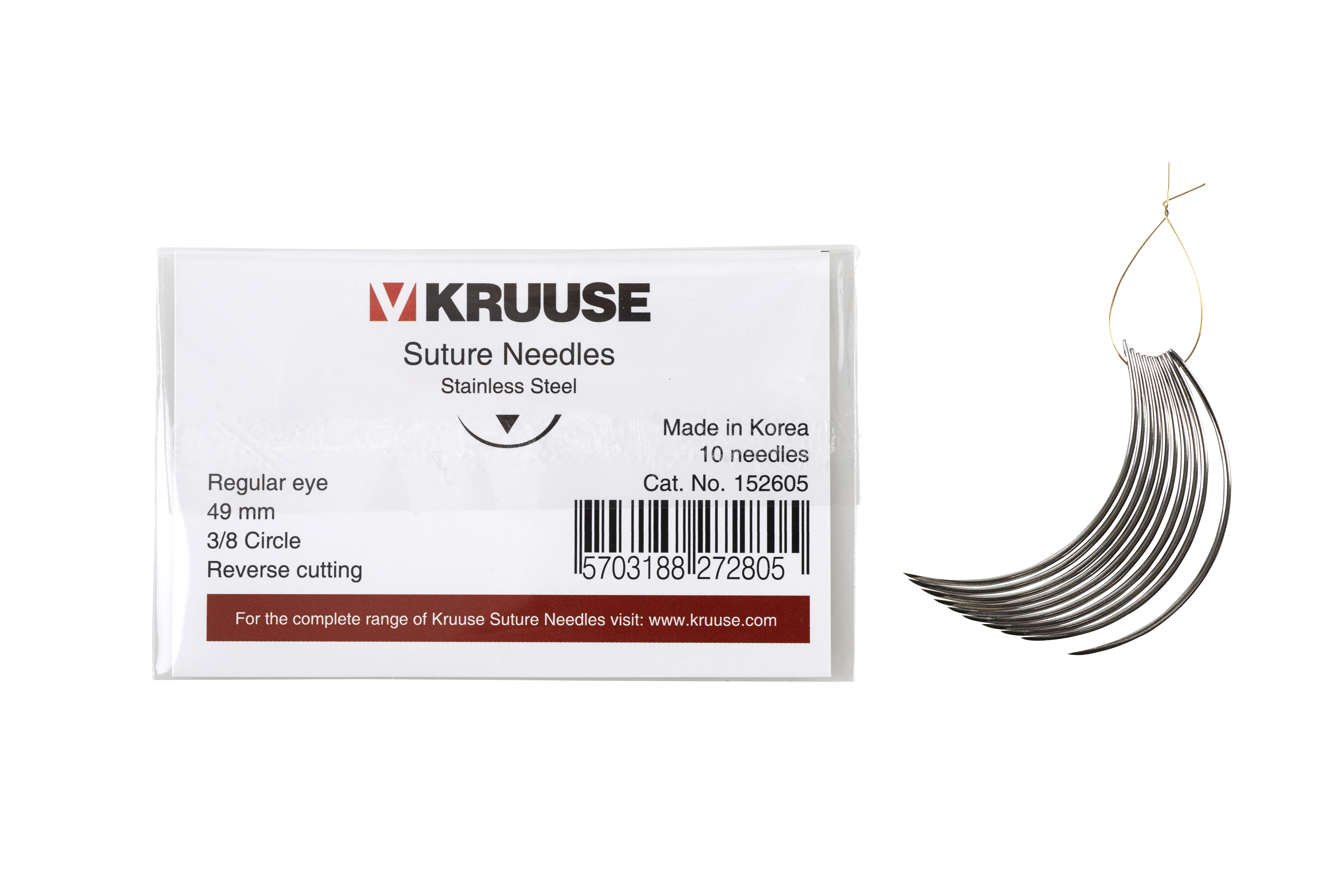 KRUUSE Suture Needle, regular eye, 3/8 circle, reverse cutting, 49 mm, 10/pk