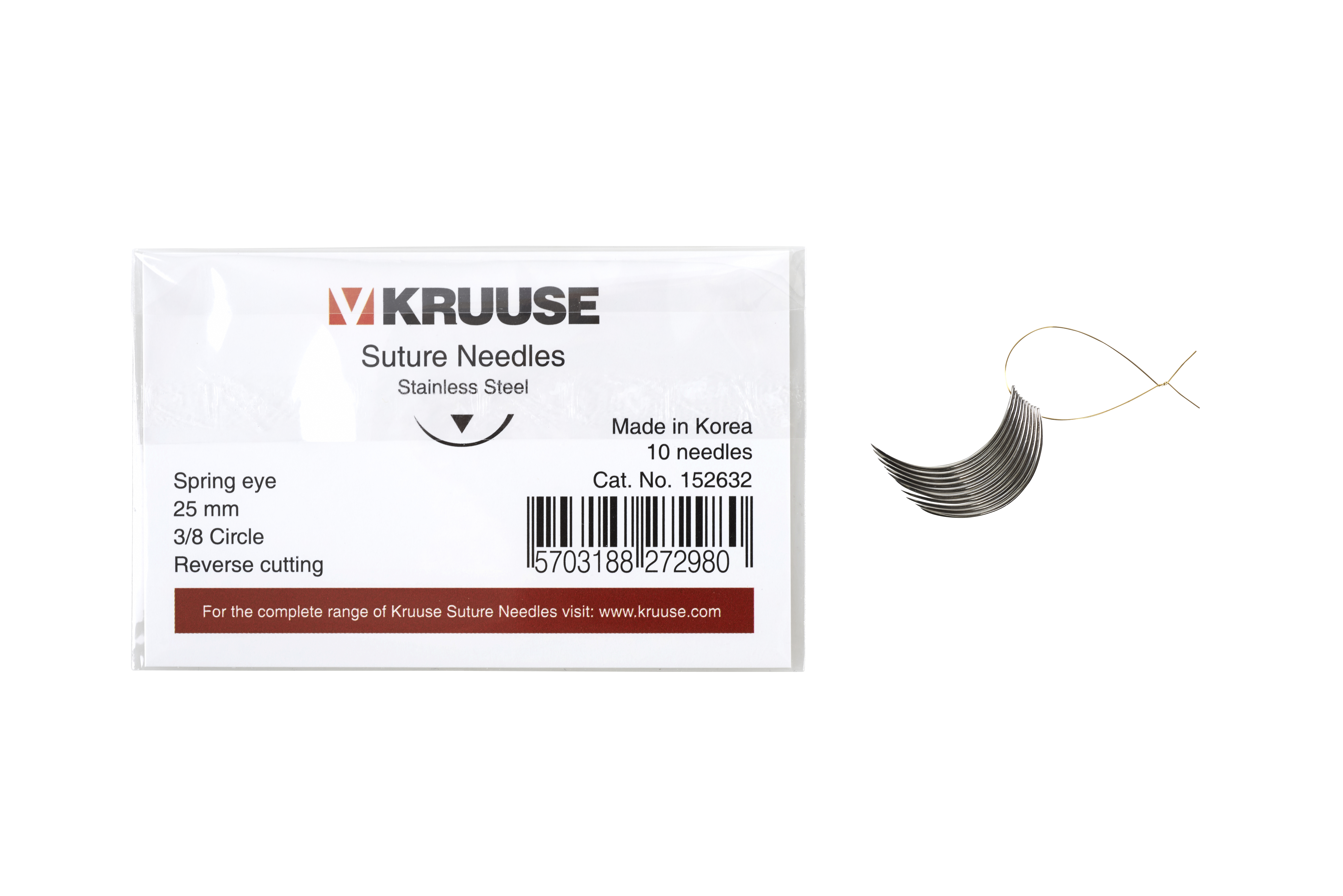 KRUUSE Suture Needle, spring eye, 3/8 circle, reverse cutting, 25 mm, 10/pk