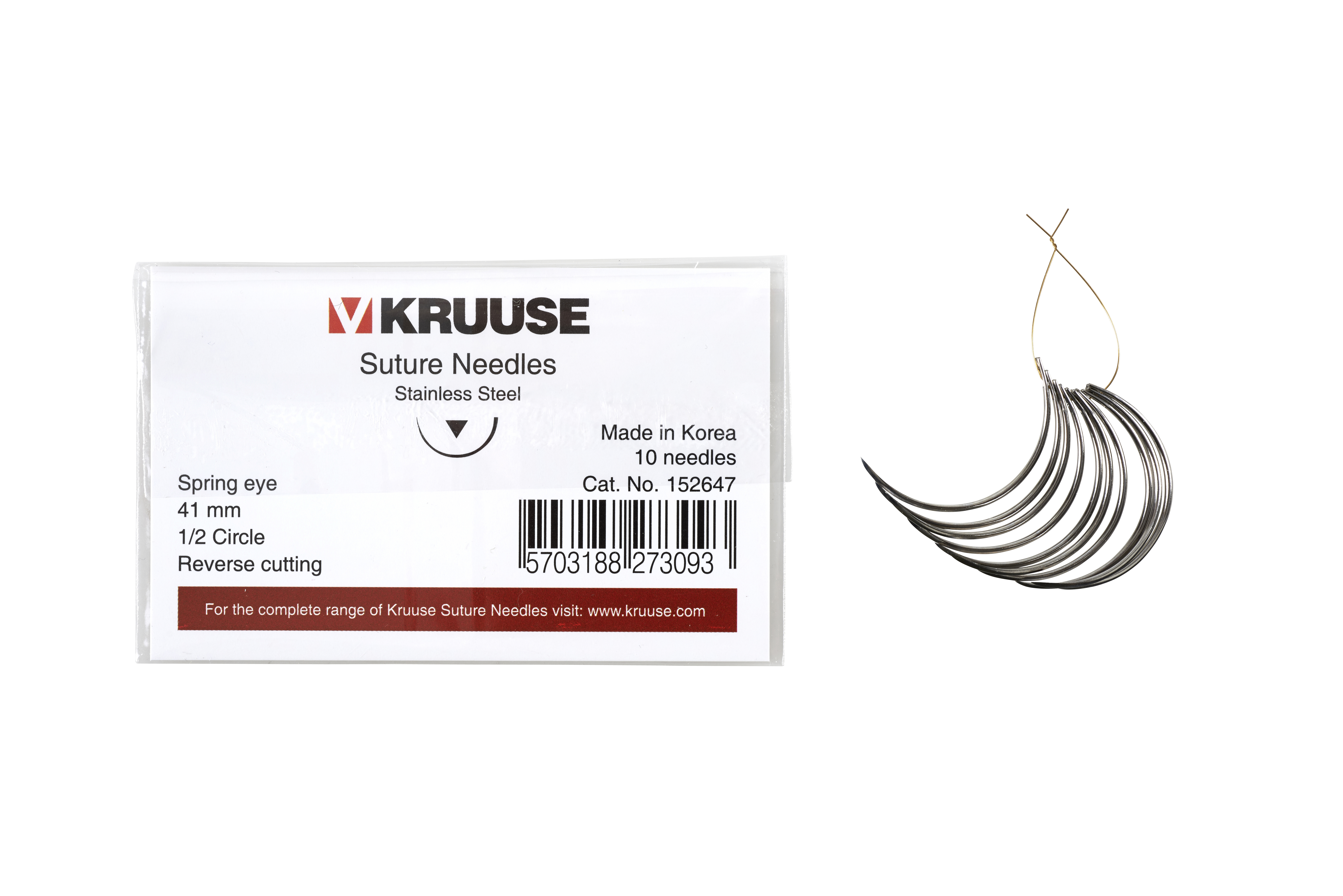 KRUUSE Suture Needle, spring eye, 1/2 circle, reverse cutting, 41 mm, 10/pk